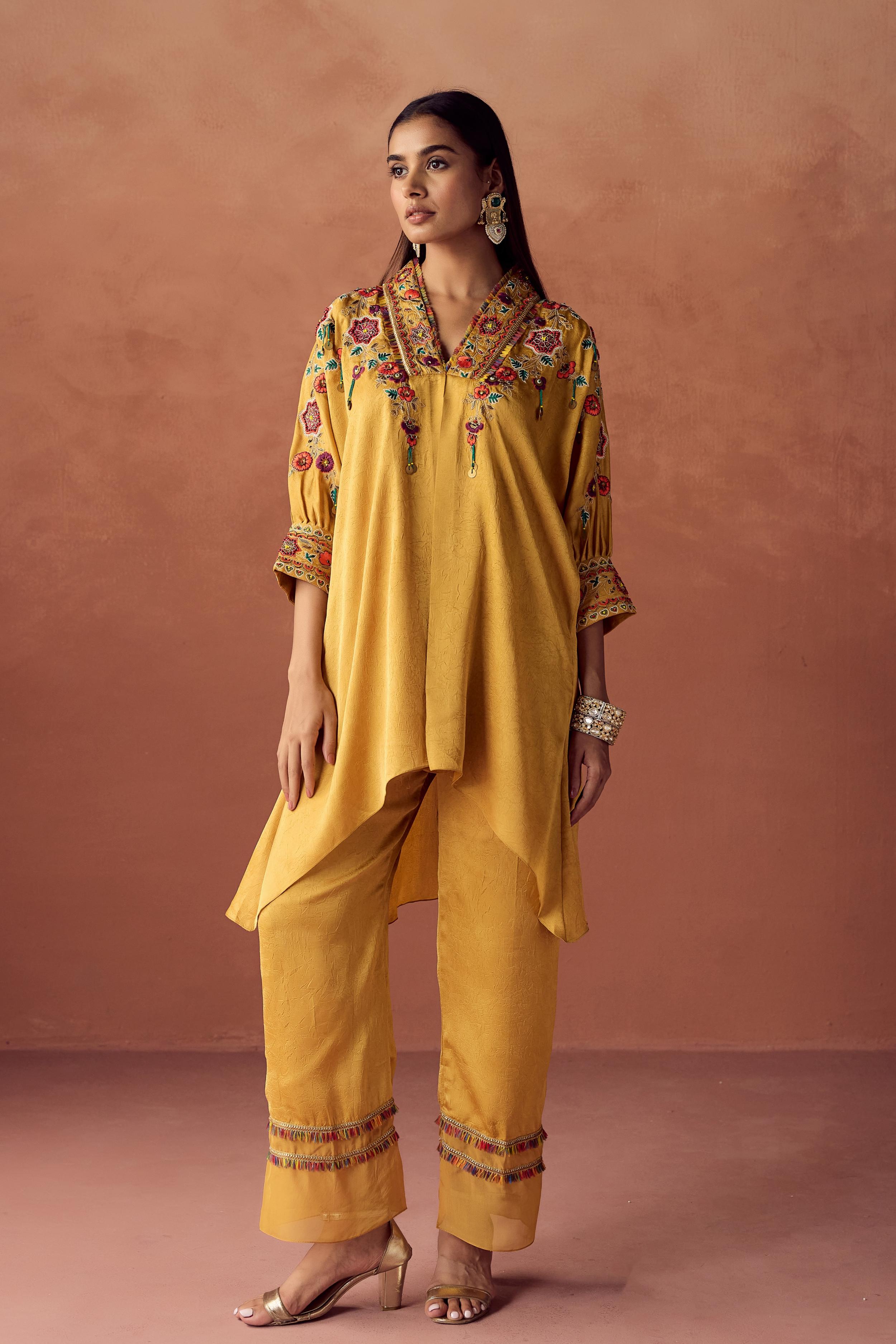 Golden Yellow Embellished Crushed Silk Palazzo Set