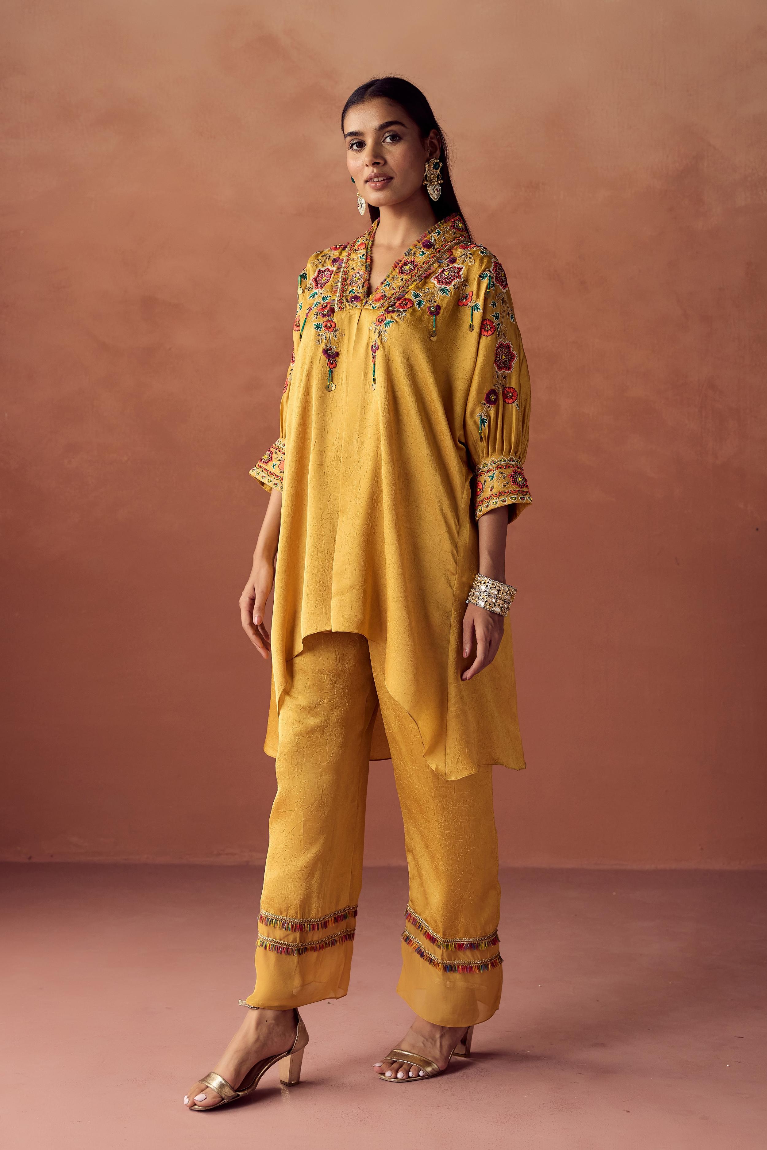 Golden Yellow Embellished Crushed Silk Palazzo Set