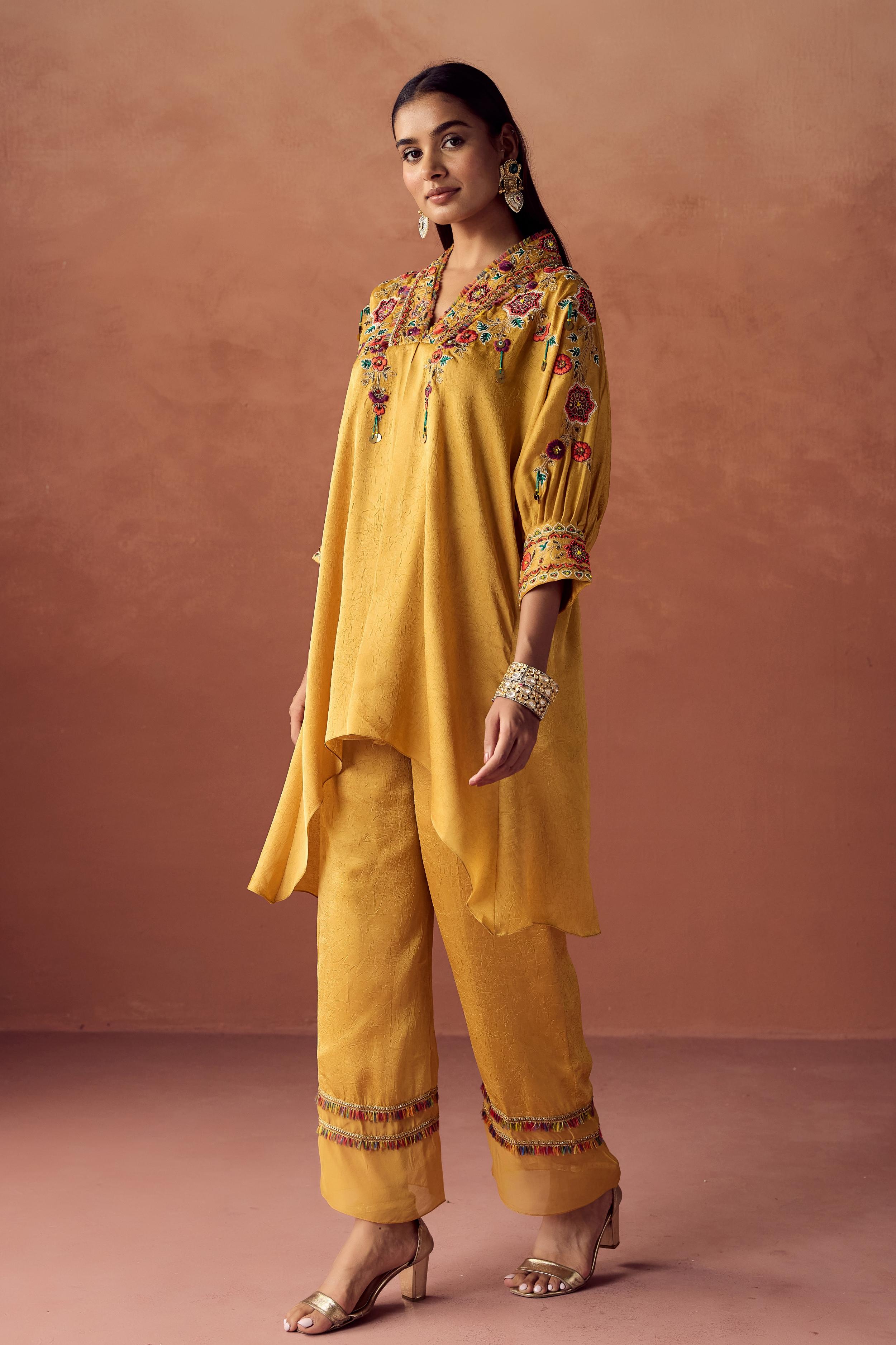 Golden Yellow Embellished Crushed Silk Palazzo Set