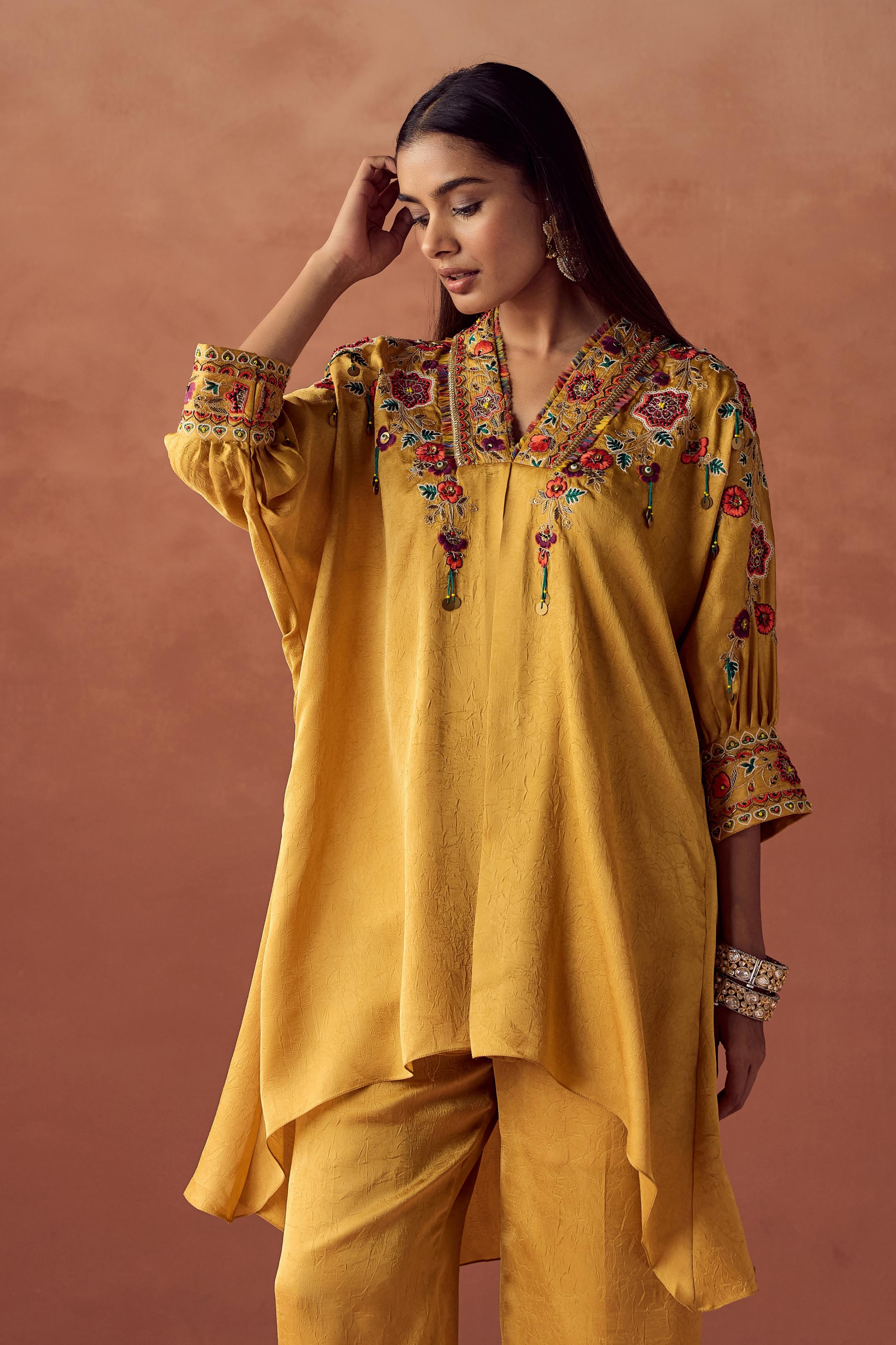 Golden Yellow Embellished Crushed Silk Palazzo Set