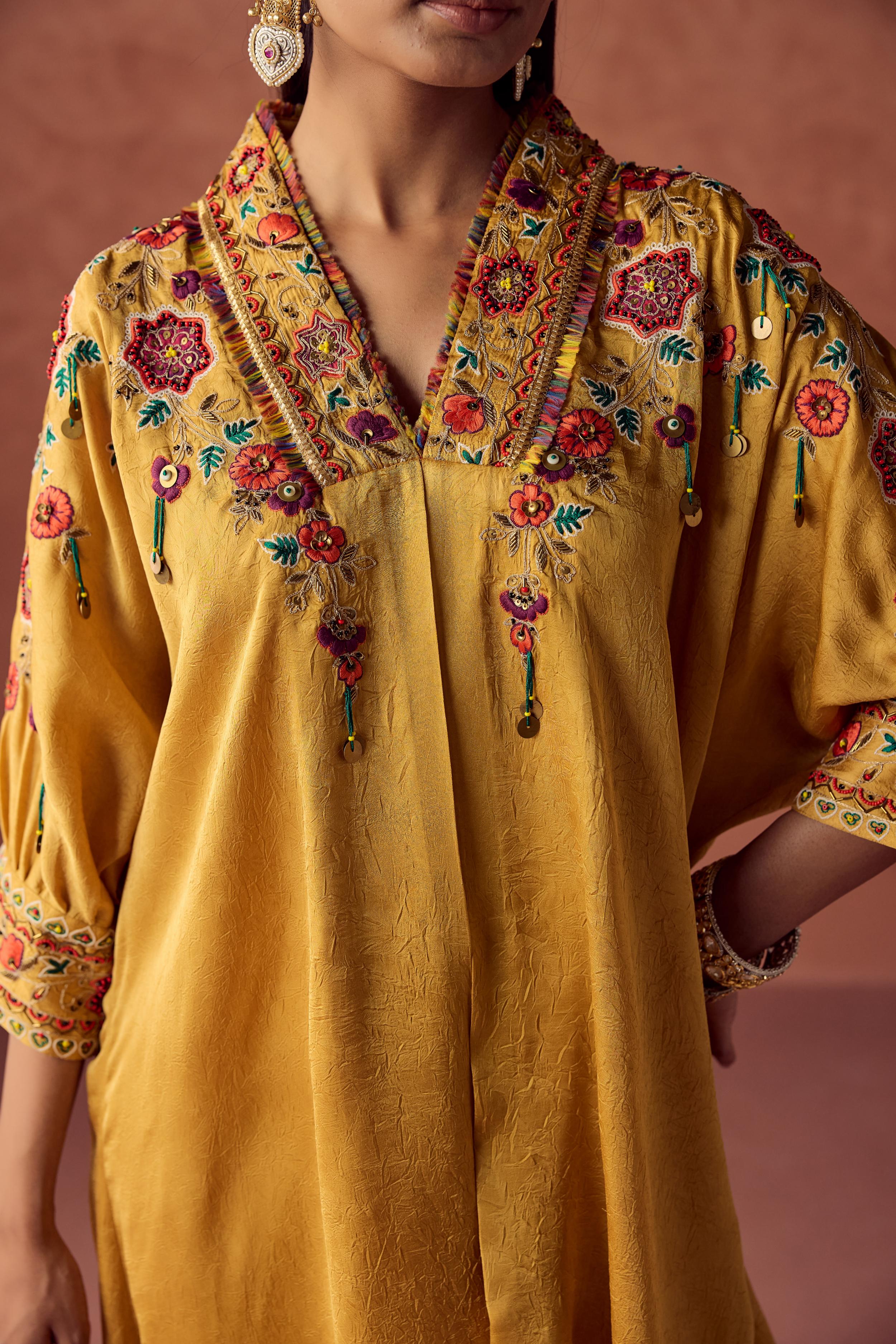 Golden Yellow Embellished Crushed Silk Palazzo Set