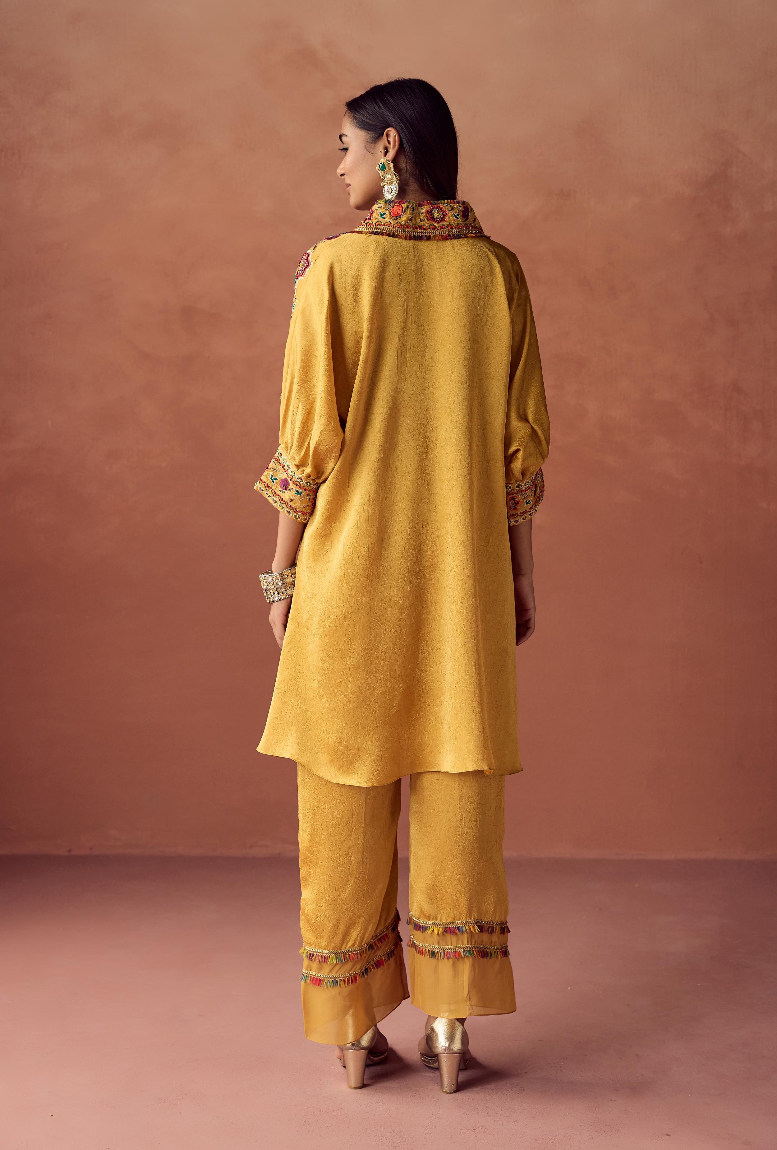 Golden Yellow Embellished Crushed Silk Palazzo Set