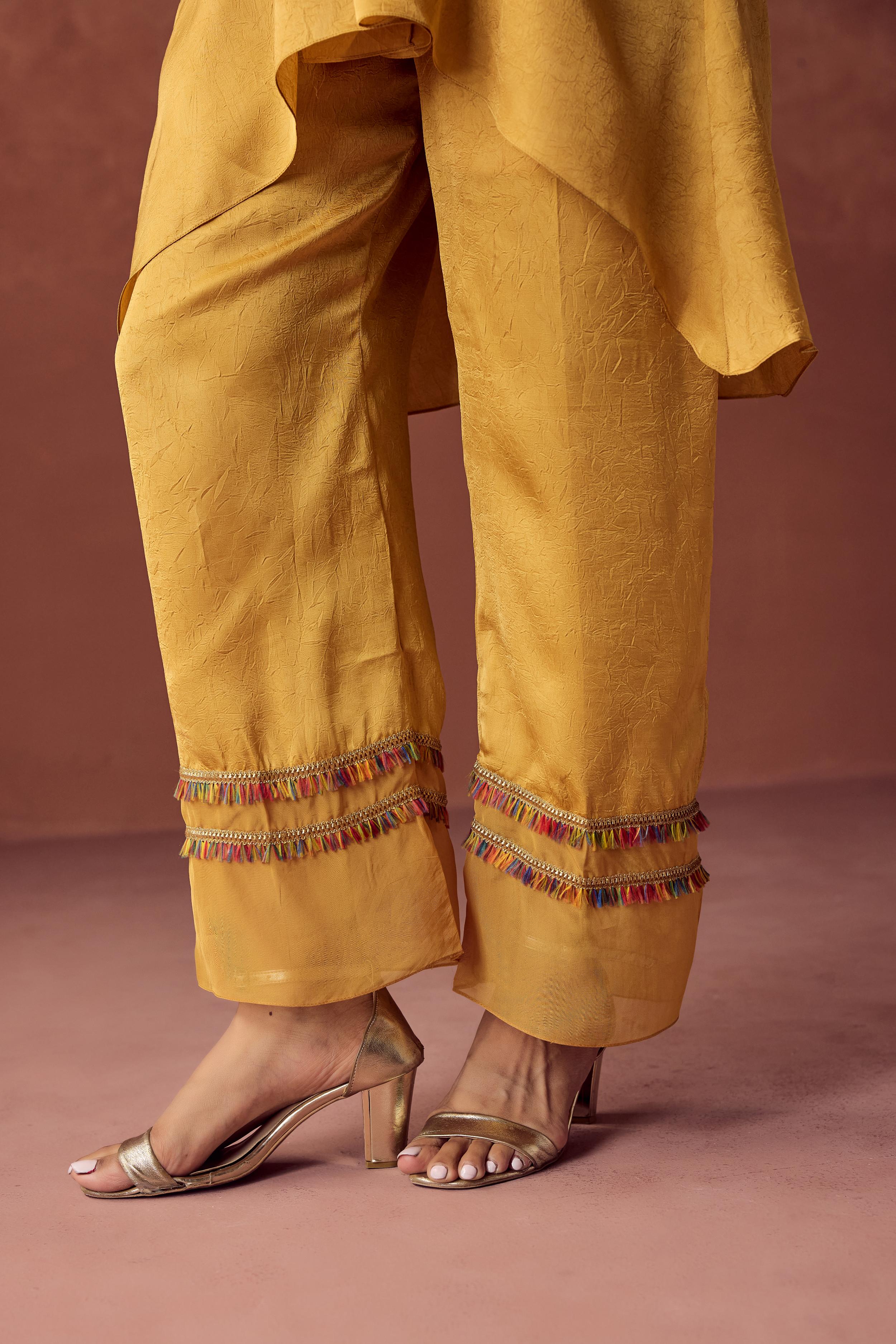 Golden Yellow Embellished Crushed Silk Palazzo Set