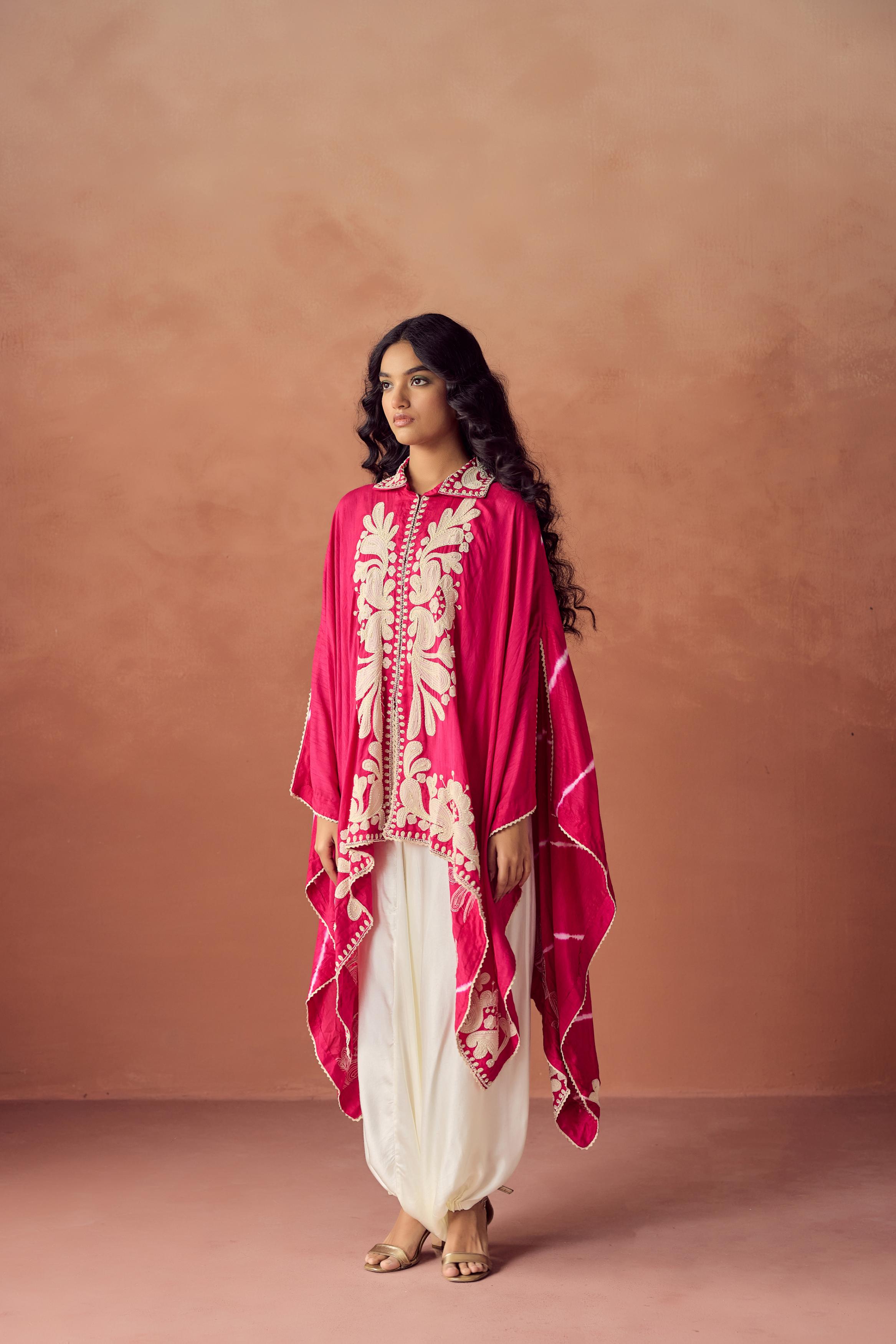 Rani Pink Embroidered Raw Silk Kaftan Set