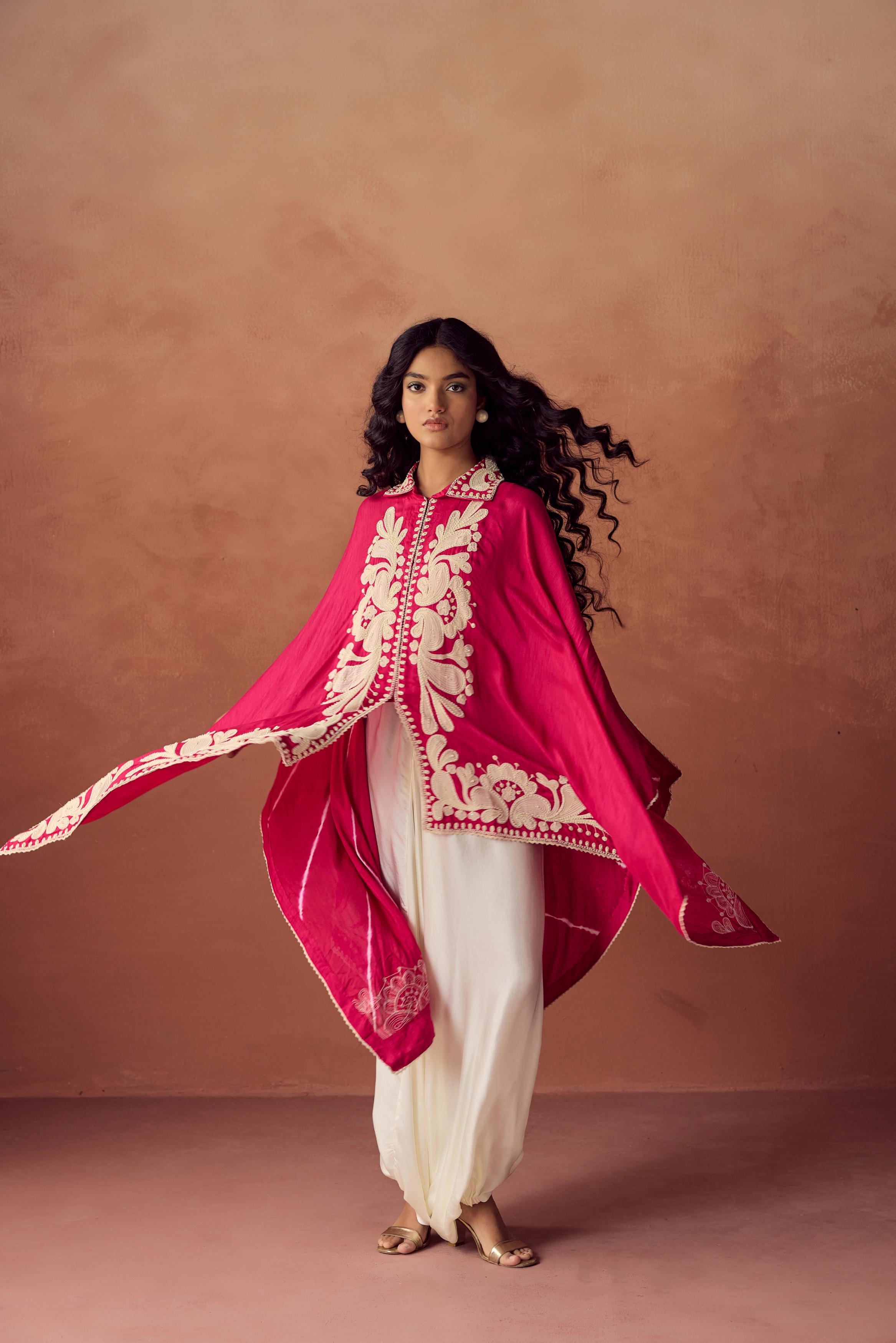 Rani Pink Embroidered Raw Silk Kaftan Set