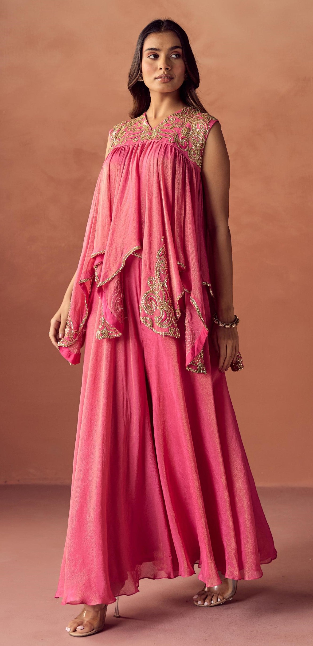 Blush Glimmer Embellished Shimmer Tissue Silk Tunic Set