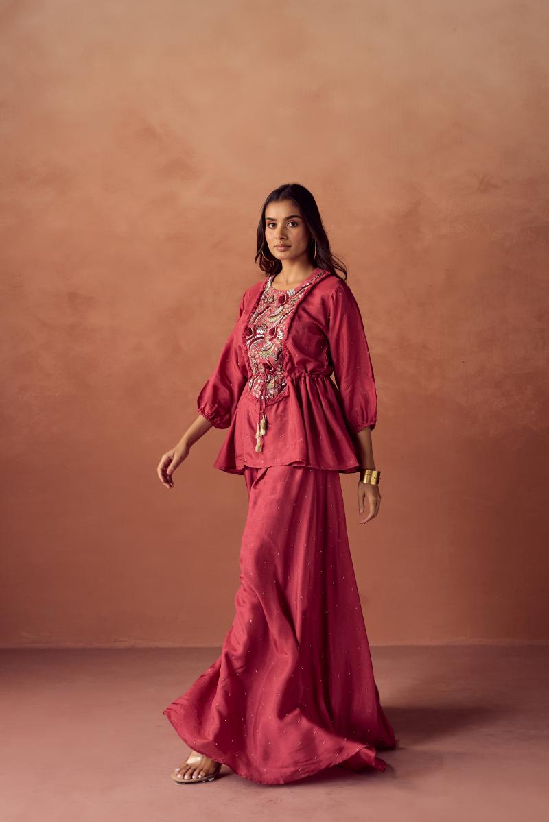 Rust Red Embroidered Premium Silk Palazzo Set