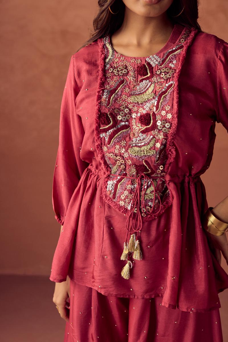 Rust Red Embroidered Premium Silk Palazzo Set