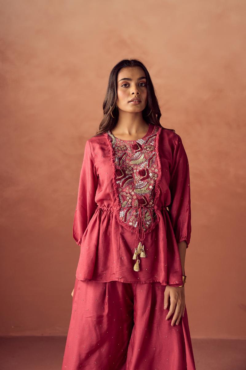 Rust Red Embroidered Premium Silk Palazzo Set