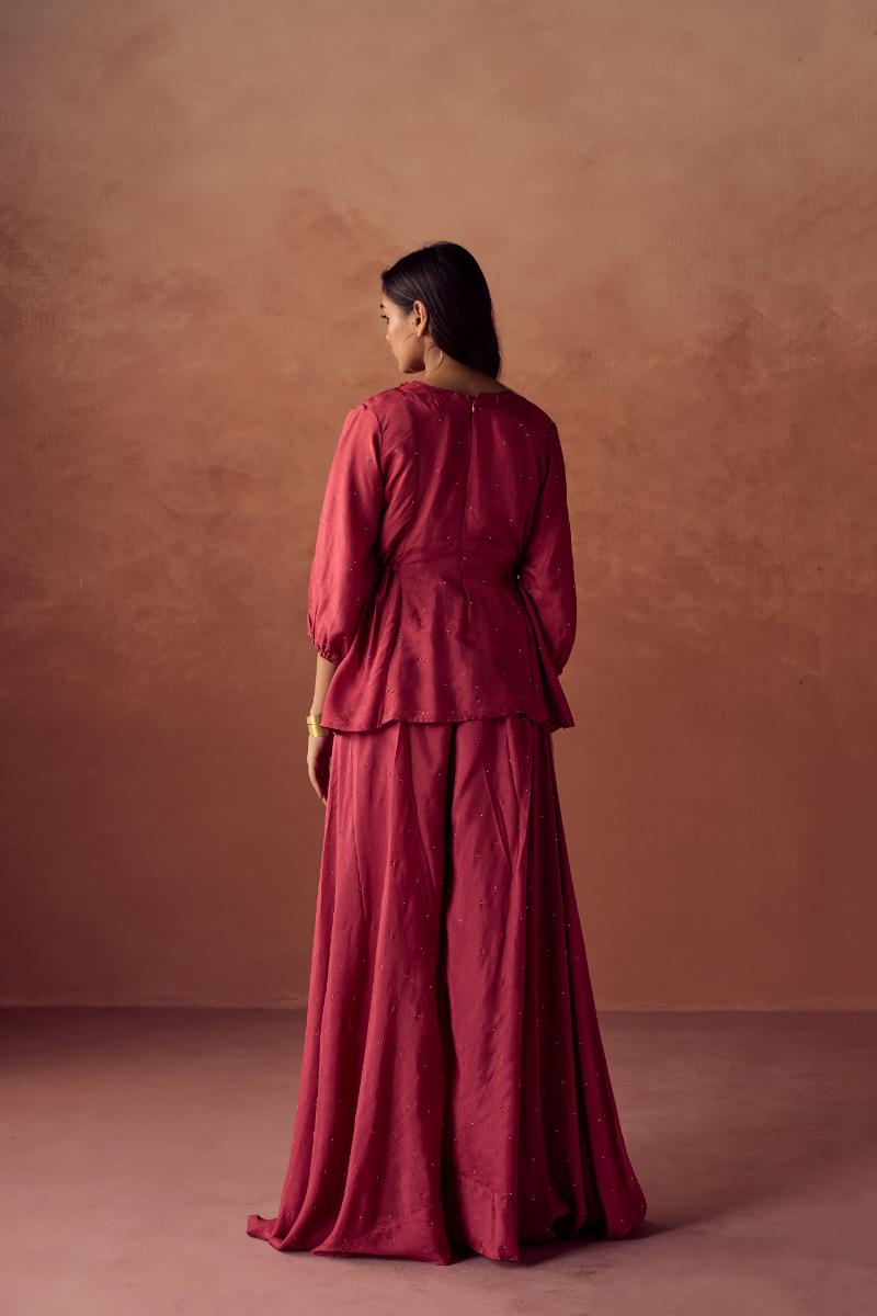 Rust Red Embroidered Premium Silk Palazzo Set
