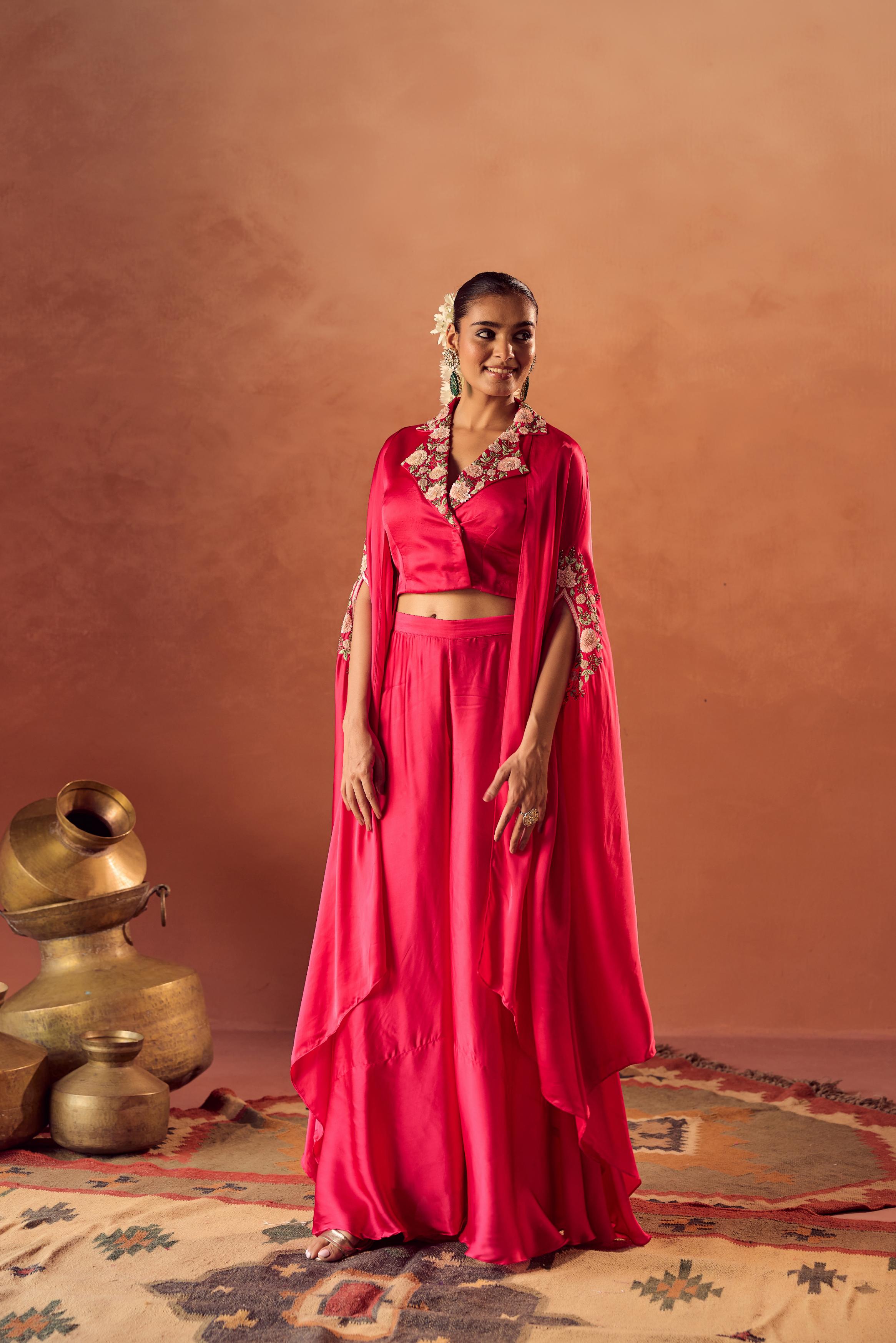 Berry Glow Embellished Satin Silk Cape Set