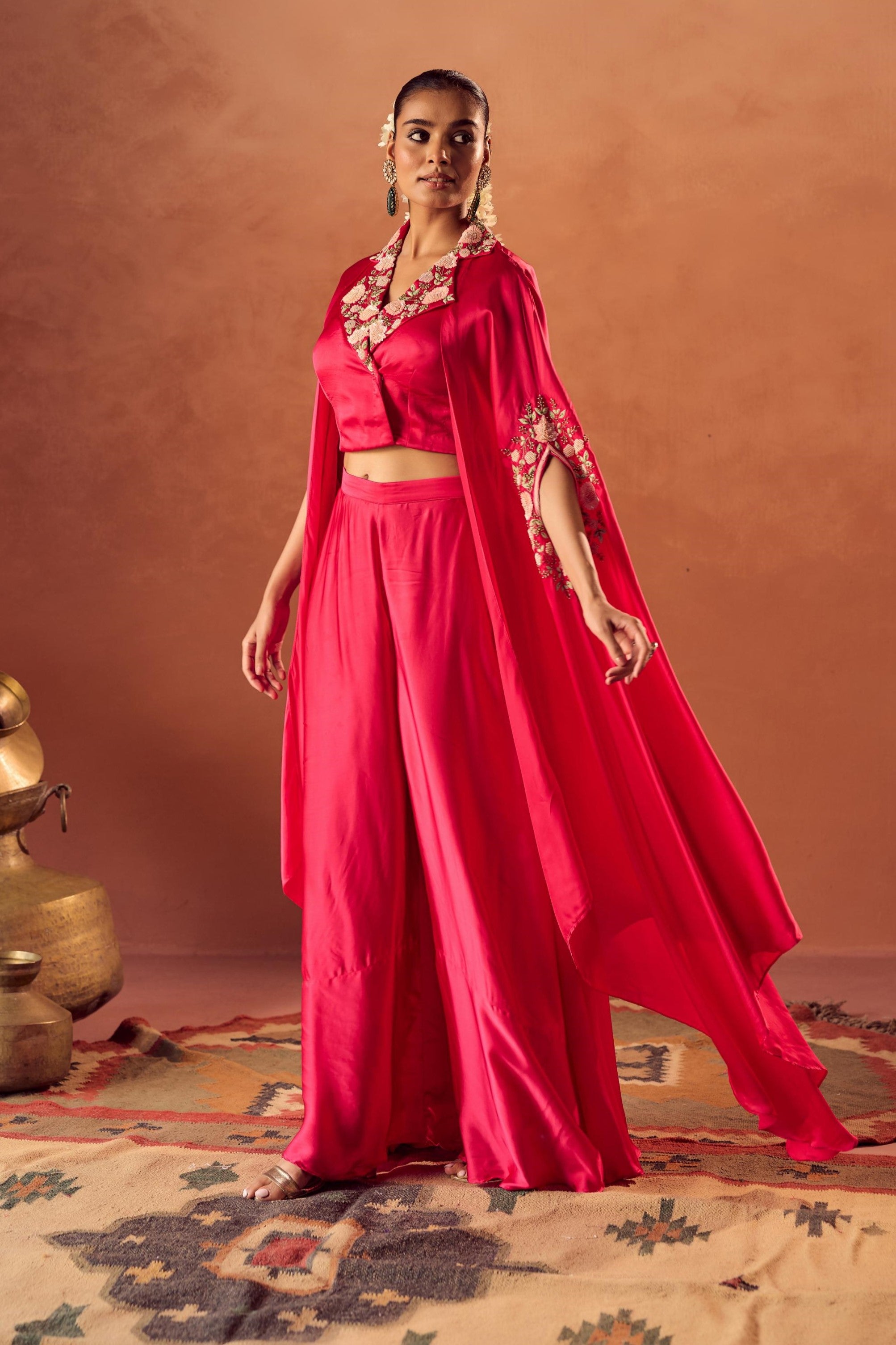 Berry Glow Embellished Satin Silk Cape Set