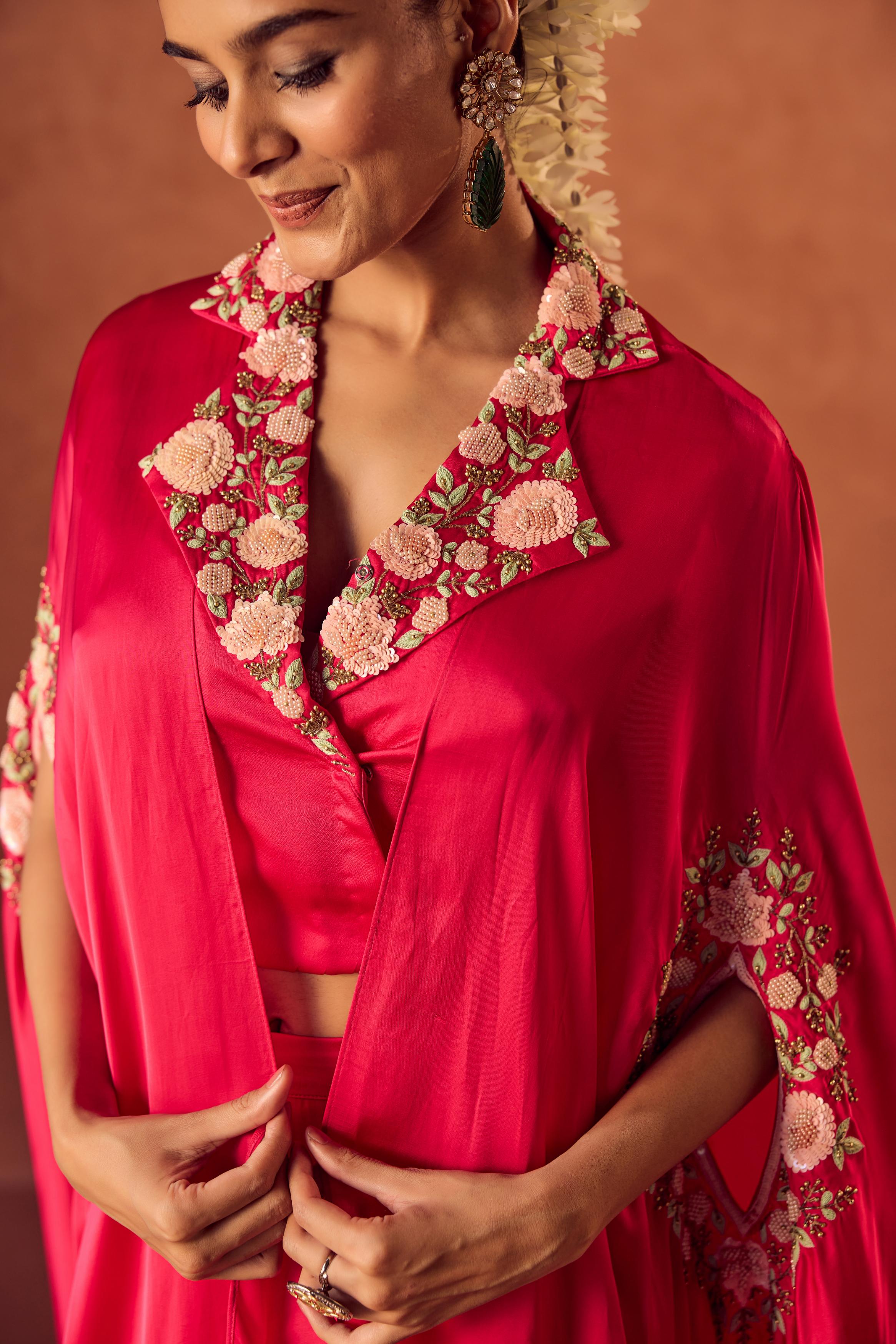 Berry Glow Embellished Satin Silk Cape Set