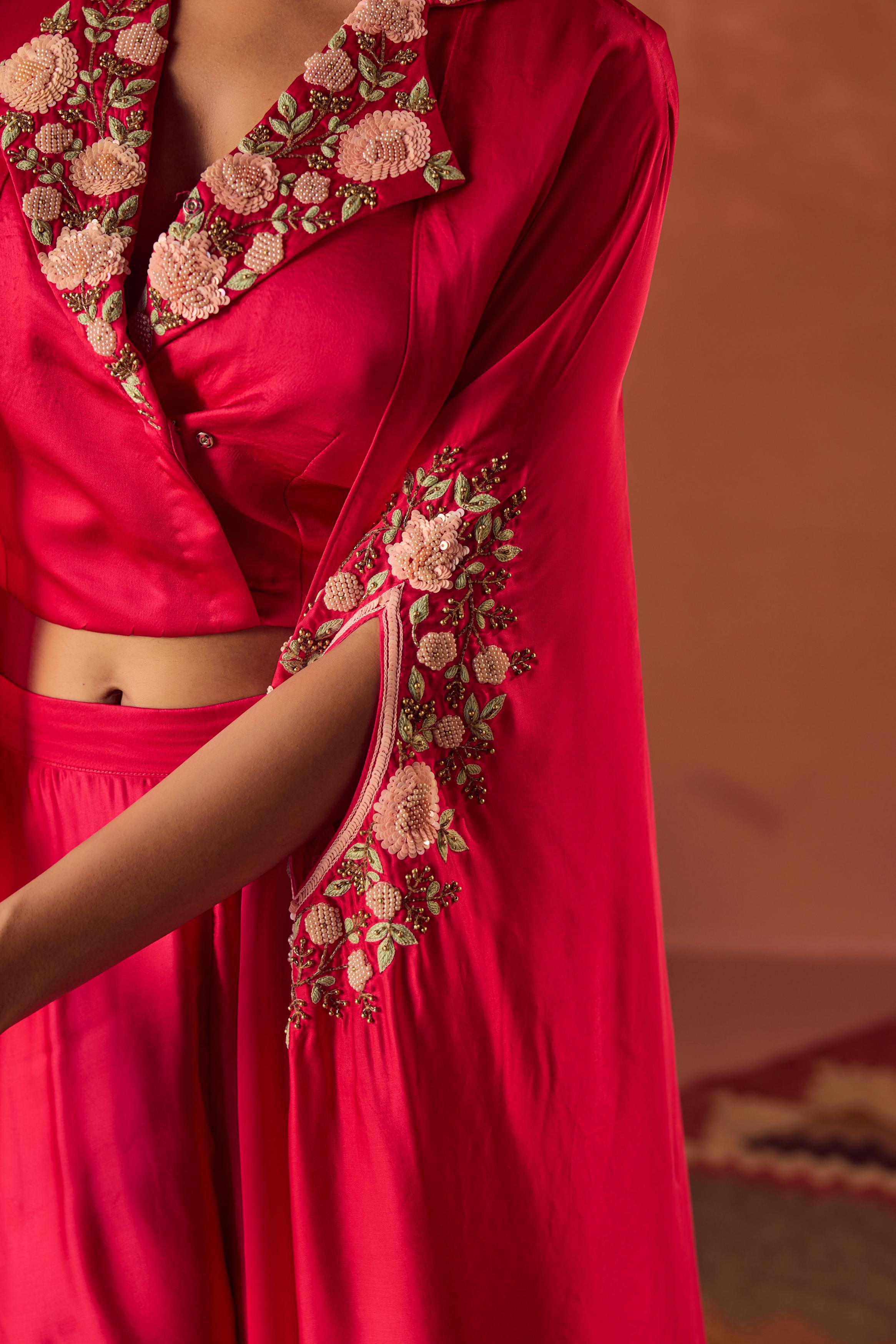 Berry Glow Embellished Satin Silk Cape Set