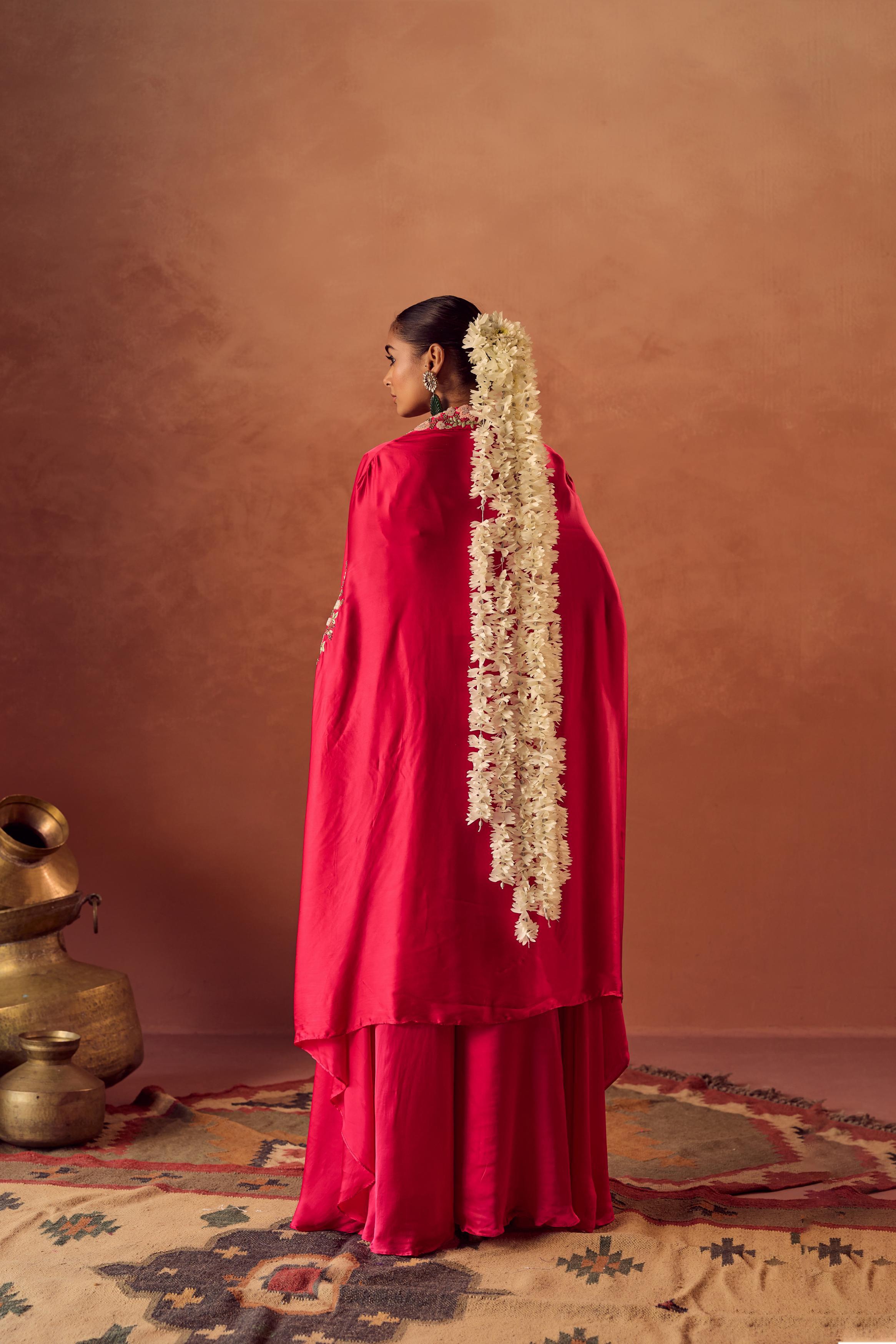 Berry Glow Embellished Satin Silk Cape Set
