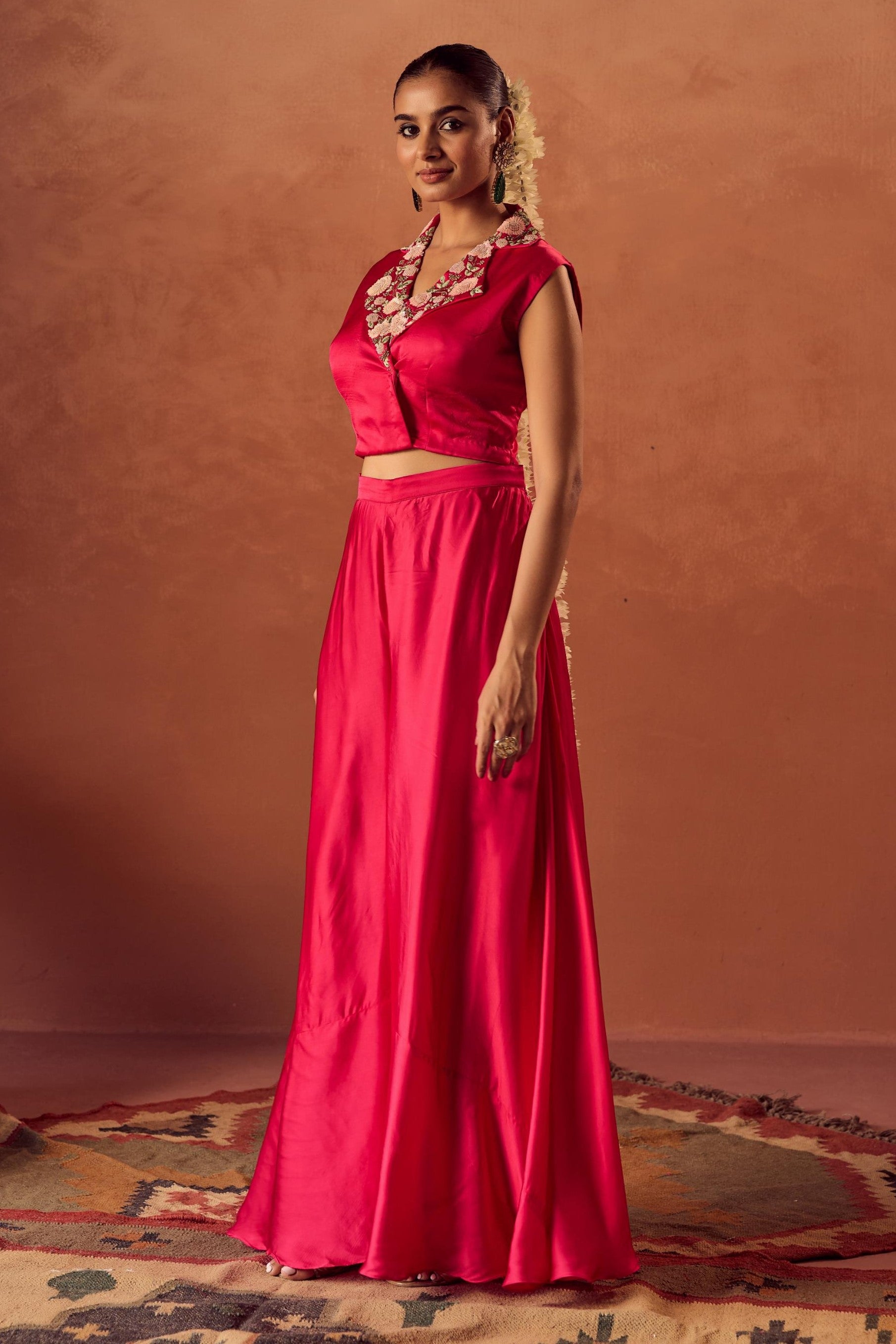 Berry Glow Embellished Satin Silk Cape Set
