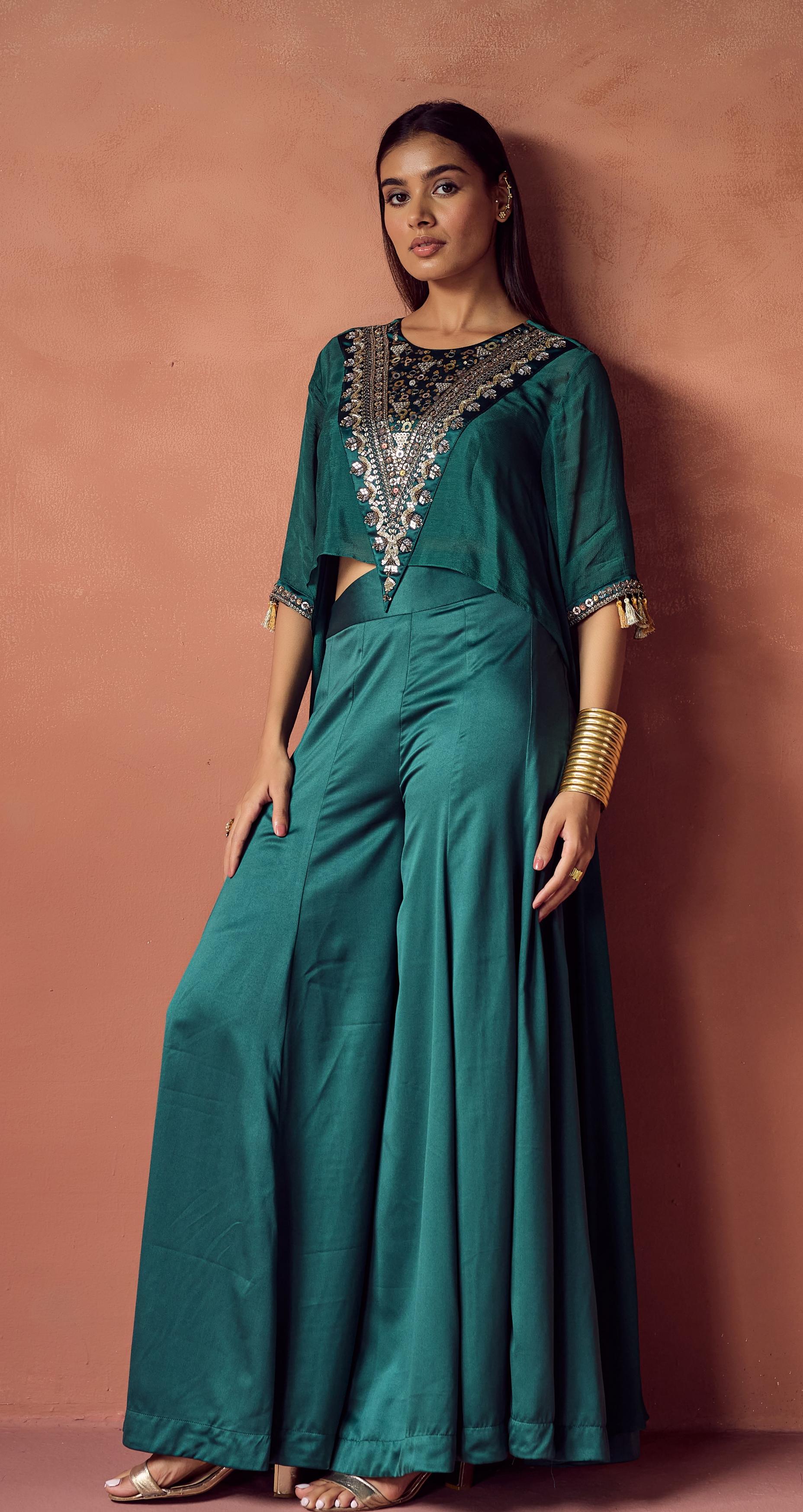 Emerald Luxe Embellished Chinon Silk Co-Ord Set