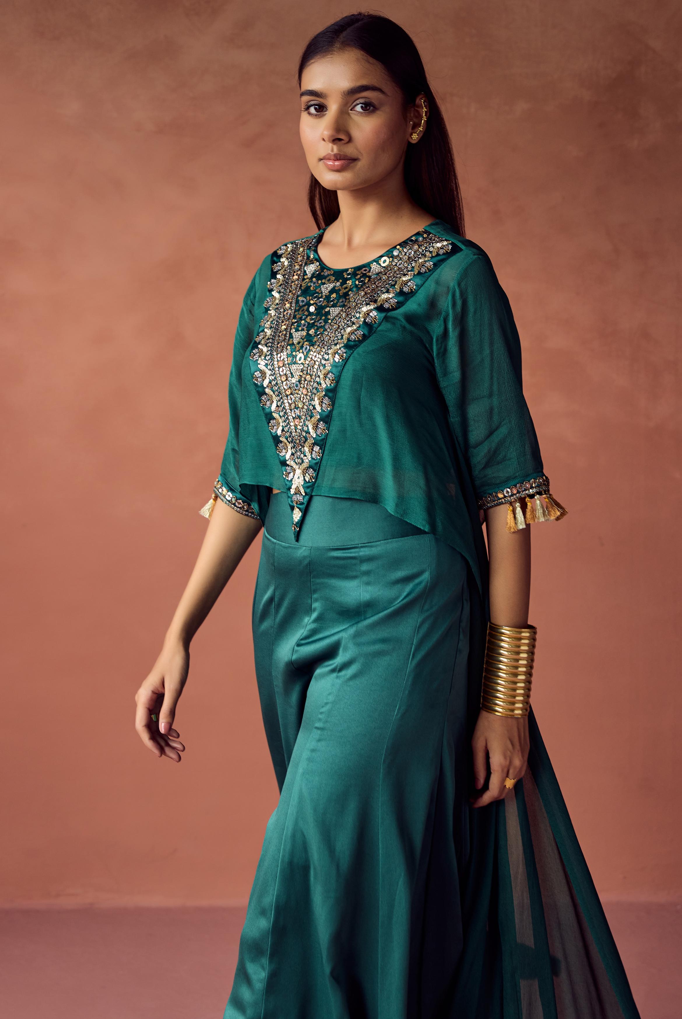 Emerald Luxe Embellished Chinon Silk Co-Ord Set