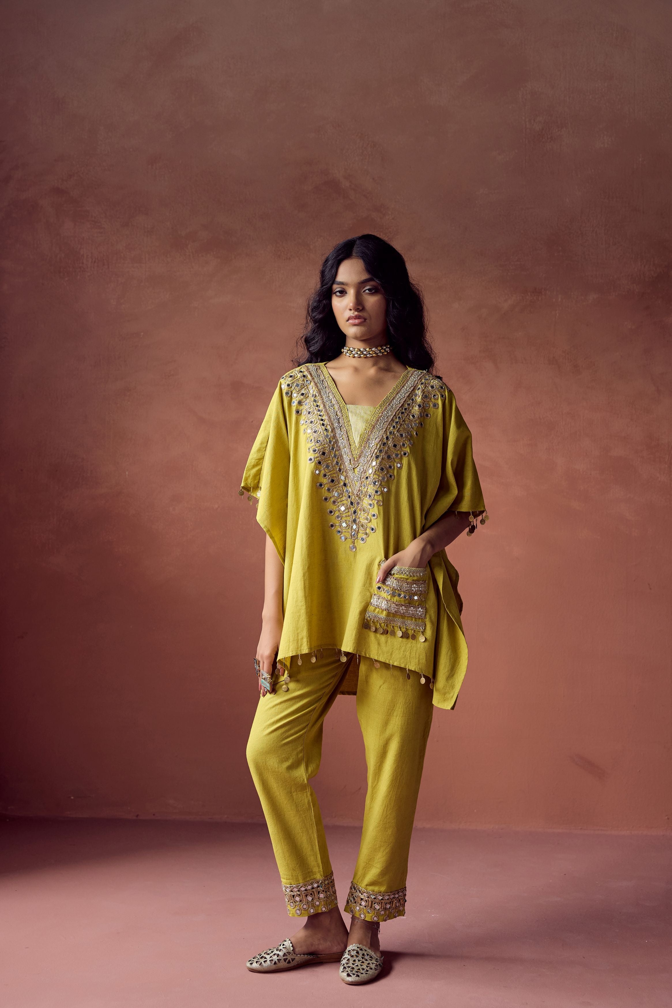 Pear Green Embellished Organic Cotton Kaftan Set