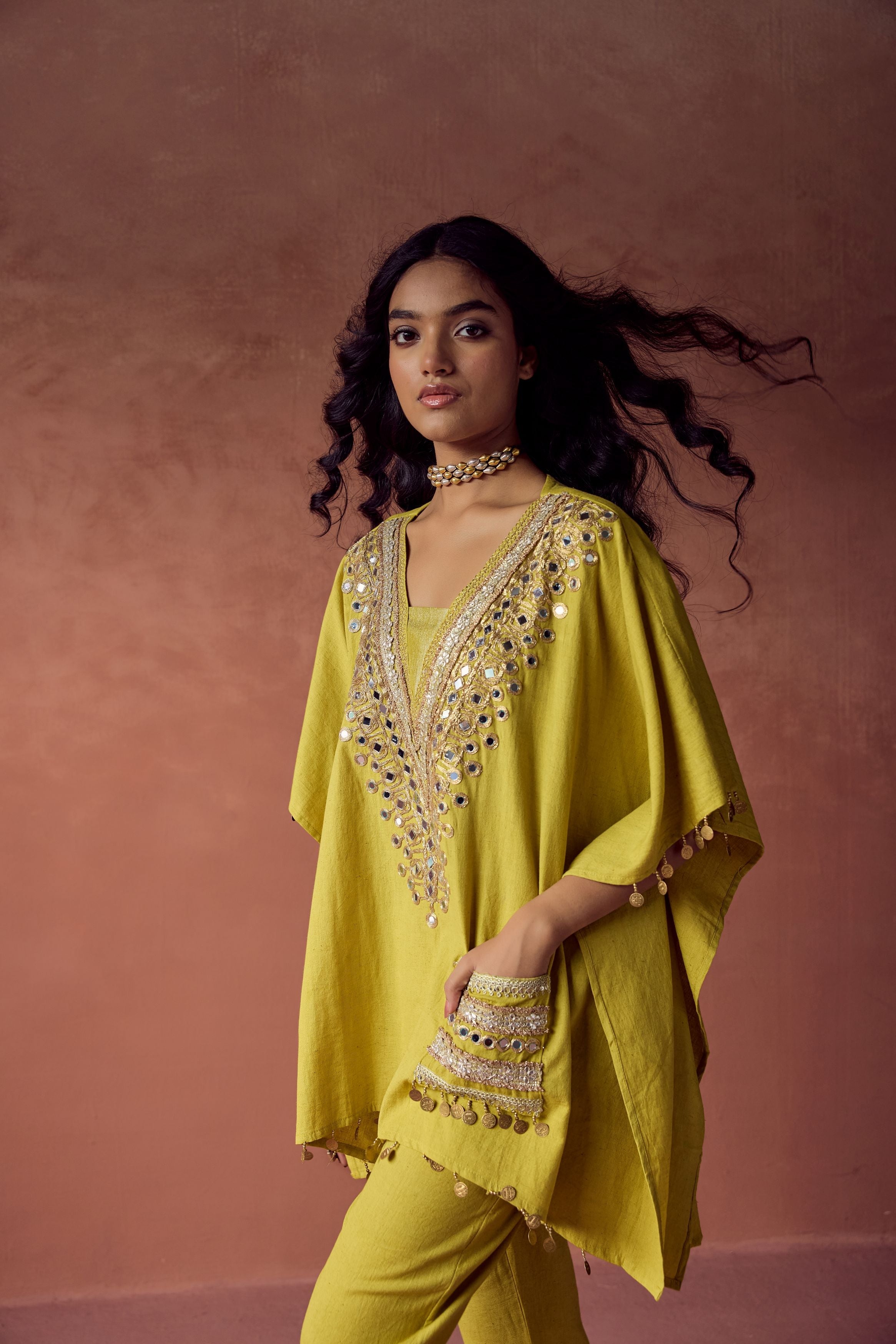 Pear Green Embellished Organic Cotton Kaftan Set