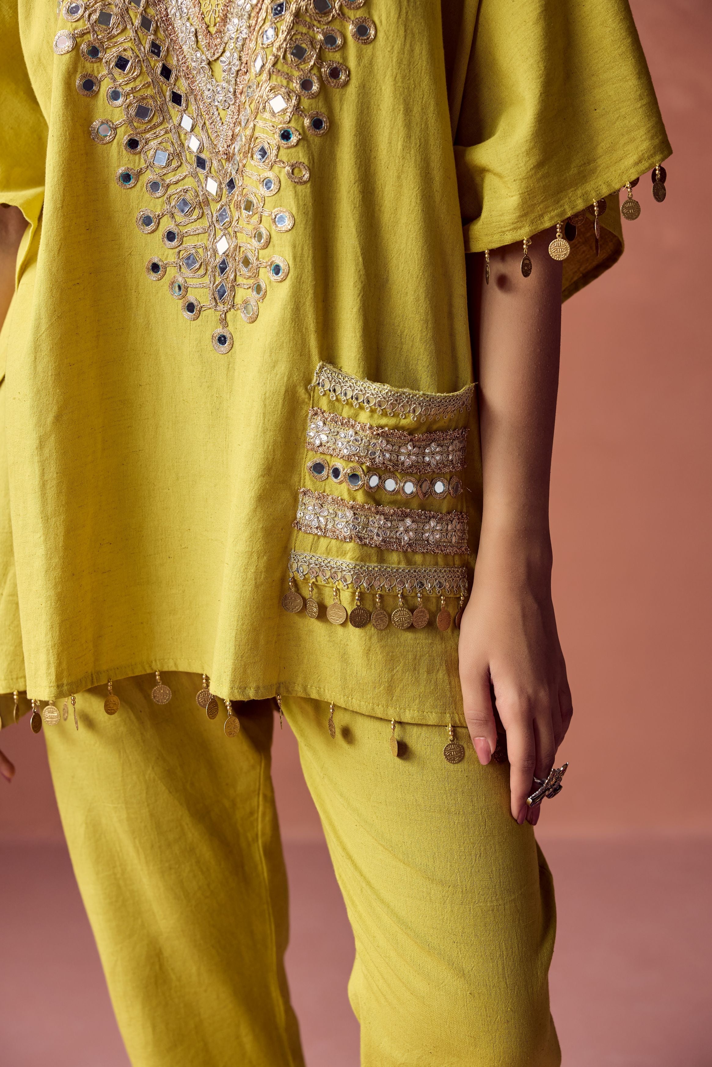 Pear Green Embellished Organic Cotton Kaftan Set