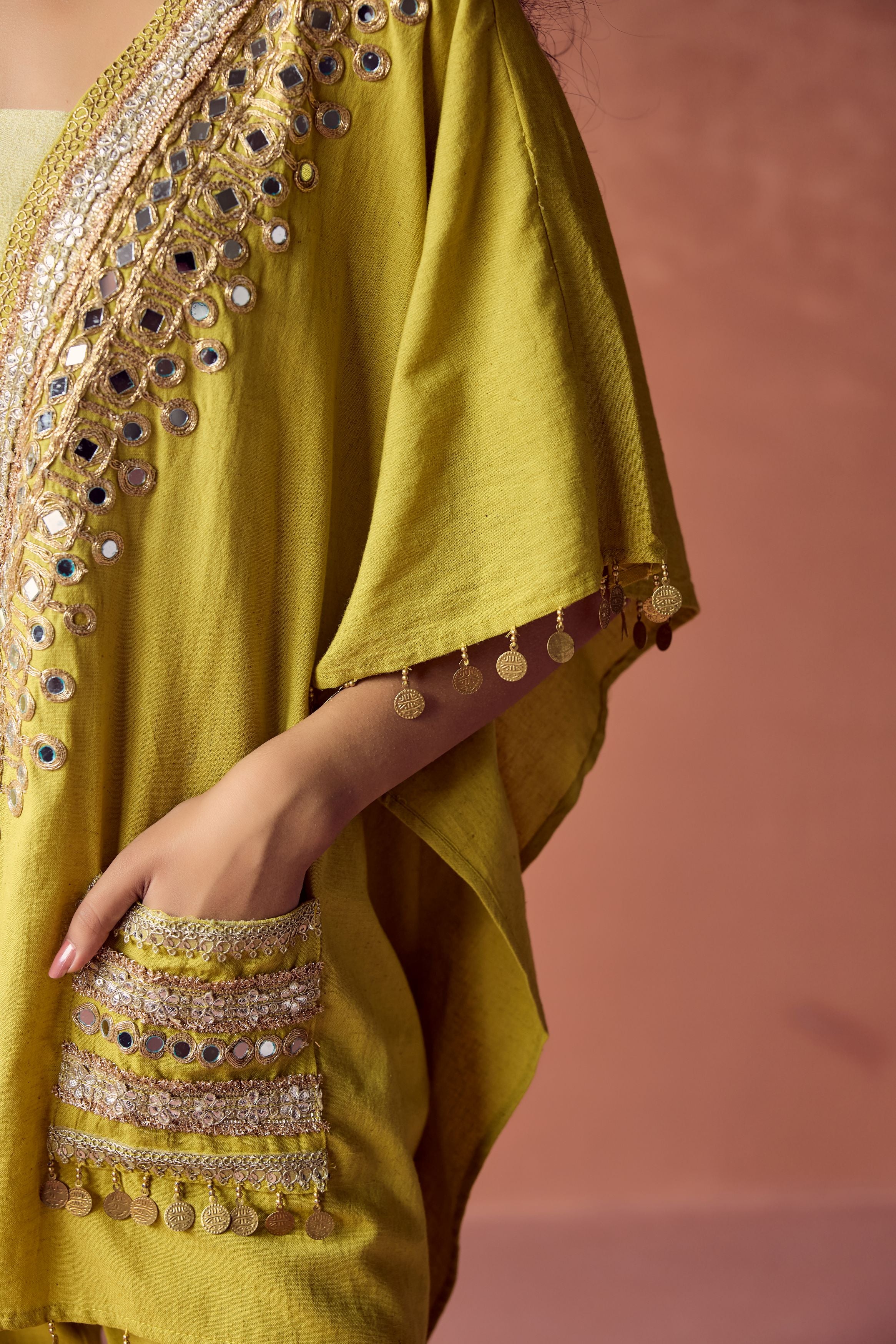 Pear Green Embellished Organic Cotton Kaftan Set