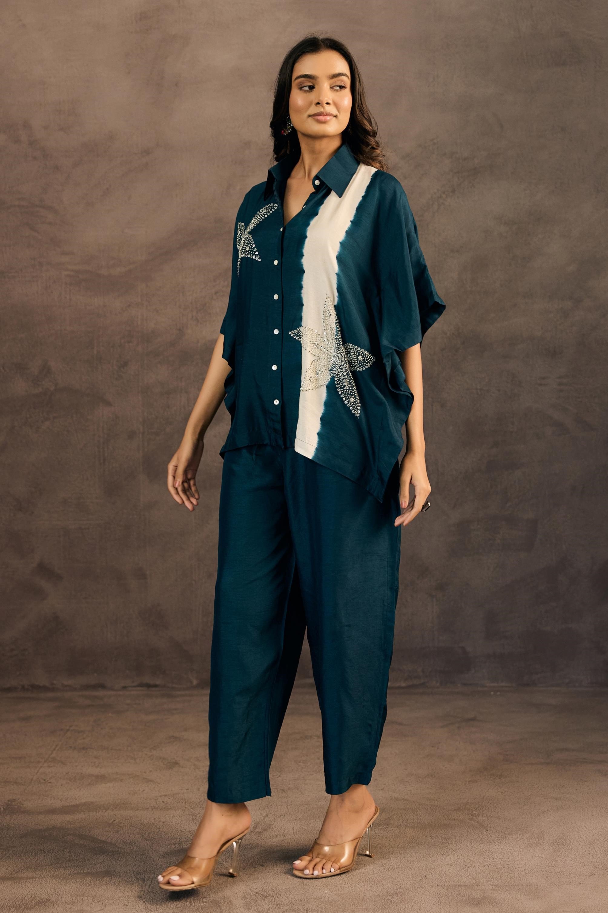 Ocean Teal Embellished Raw Silk Co-Ord Set