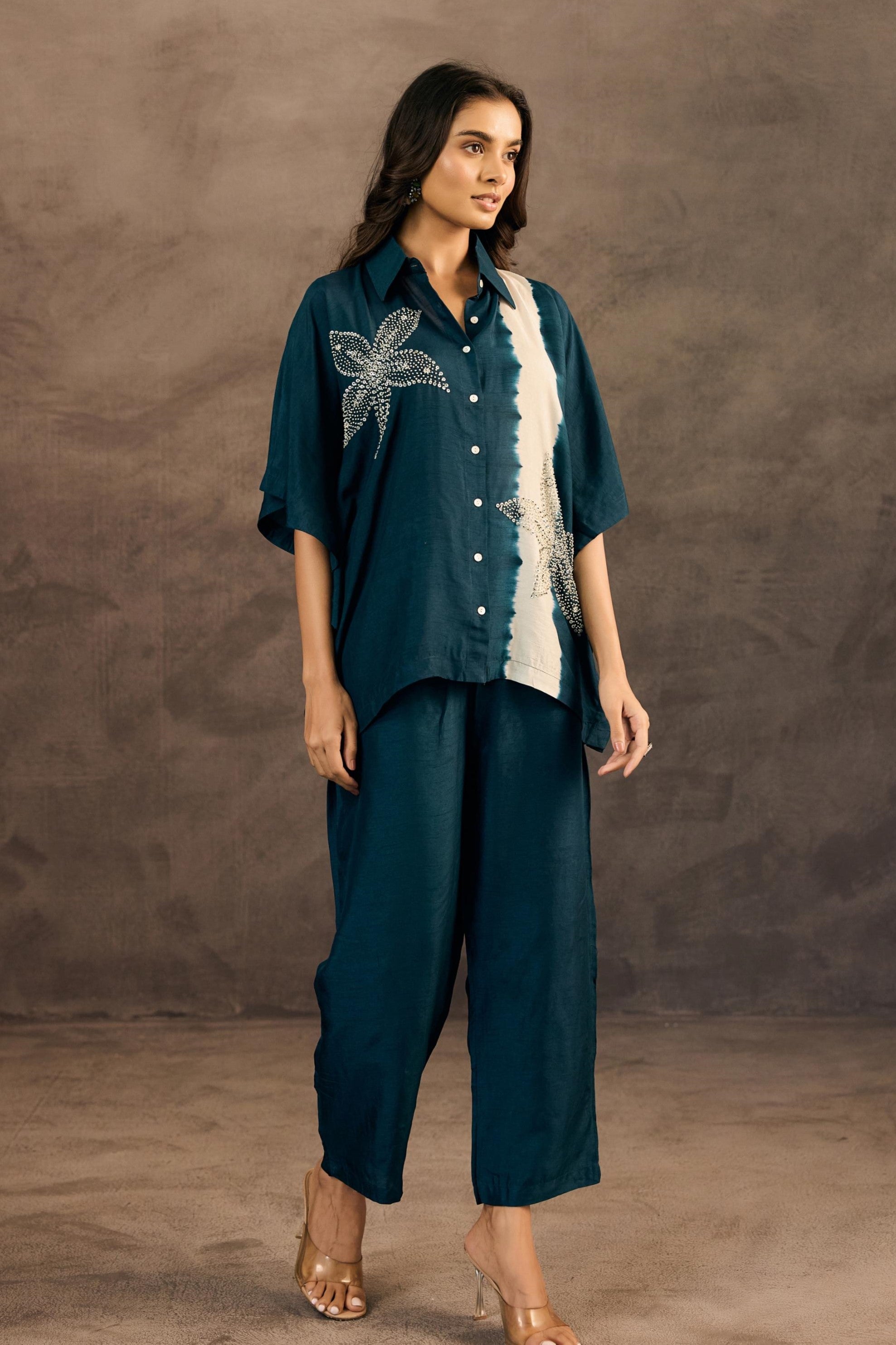 Ocean Teal Embellished Raw Silk Co-Ord Set