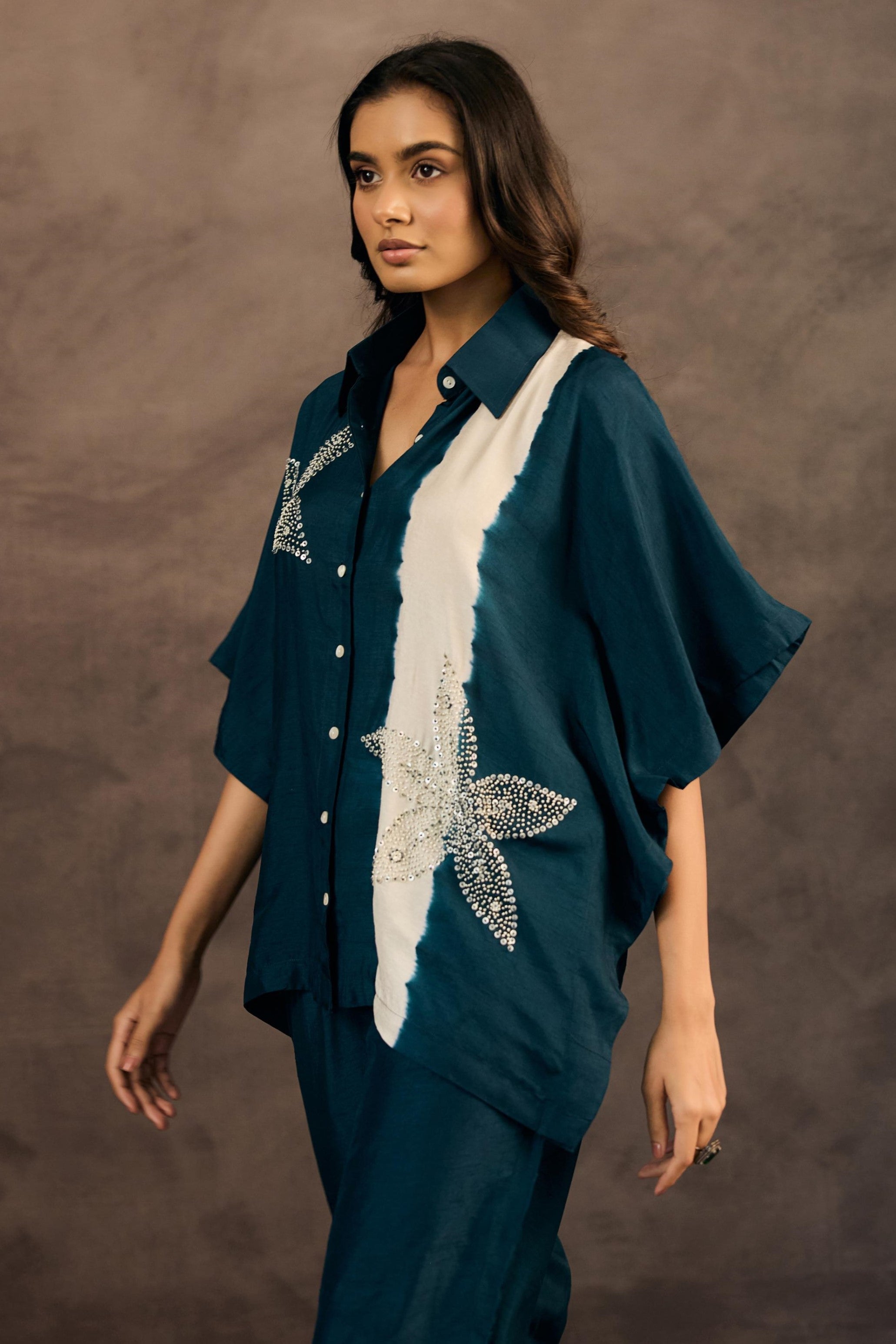 Ocean Teal Embellished Raw Silk Co-Ord Set