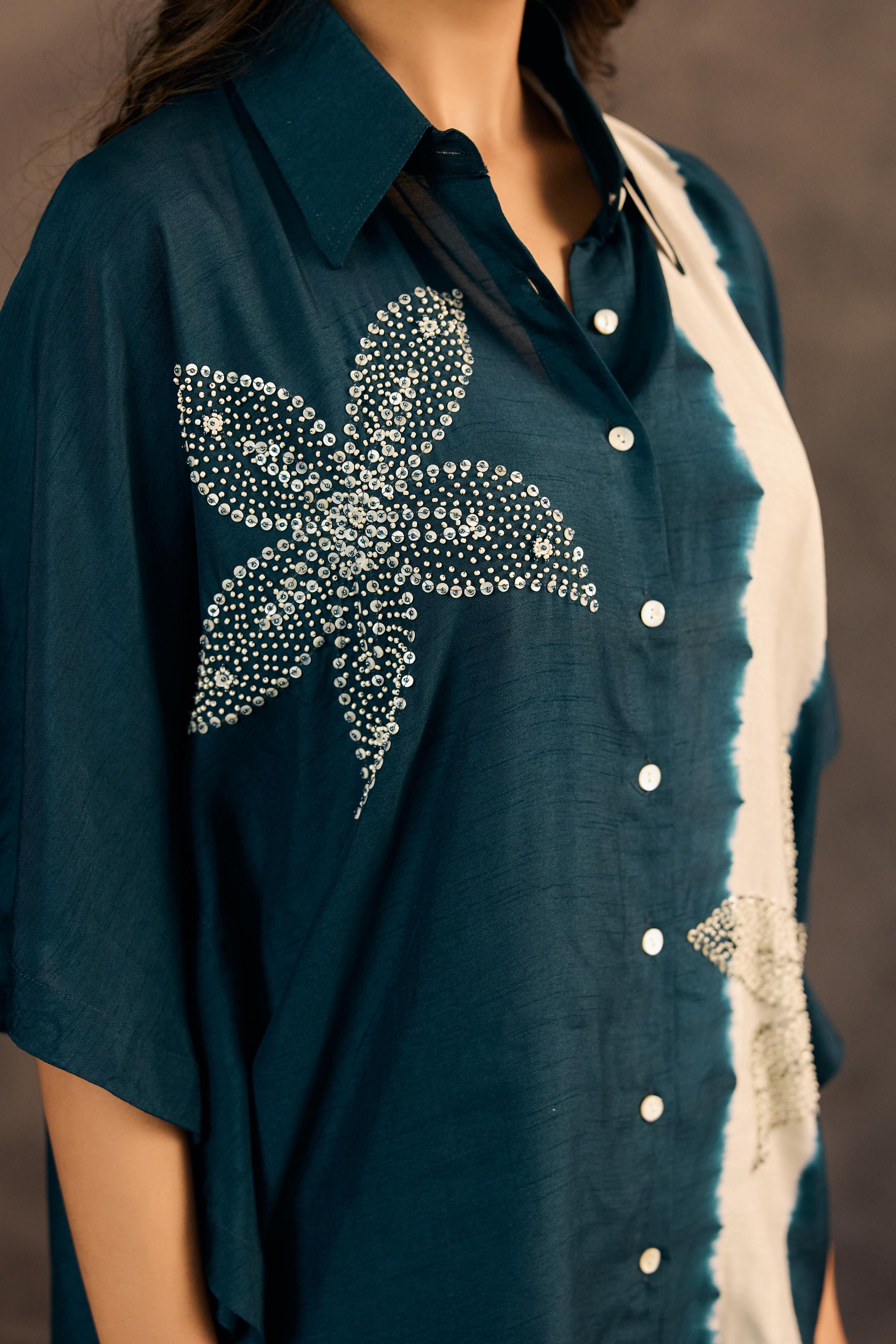 Ocean Teal Embellished Raw Silk Co-Ord Set
