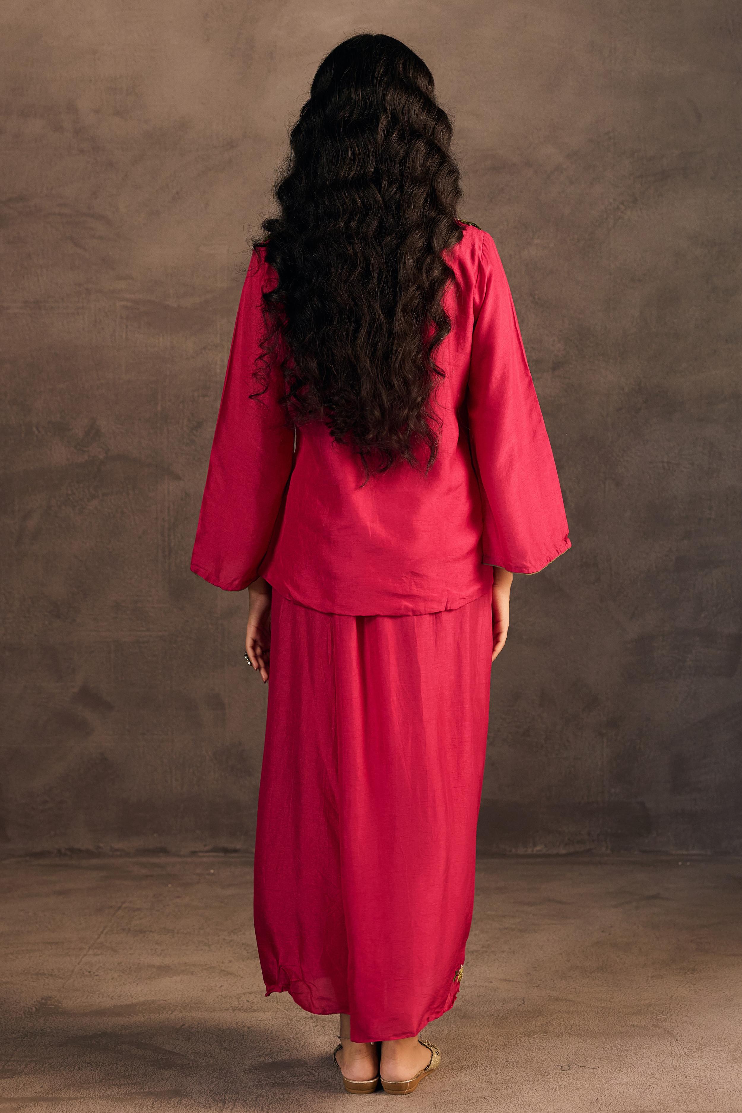 Rani Pink Embroidered Raw Silk Skirt Set
