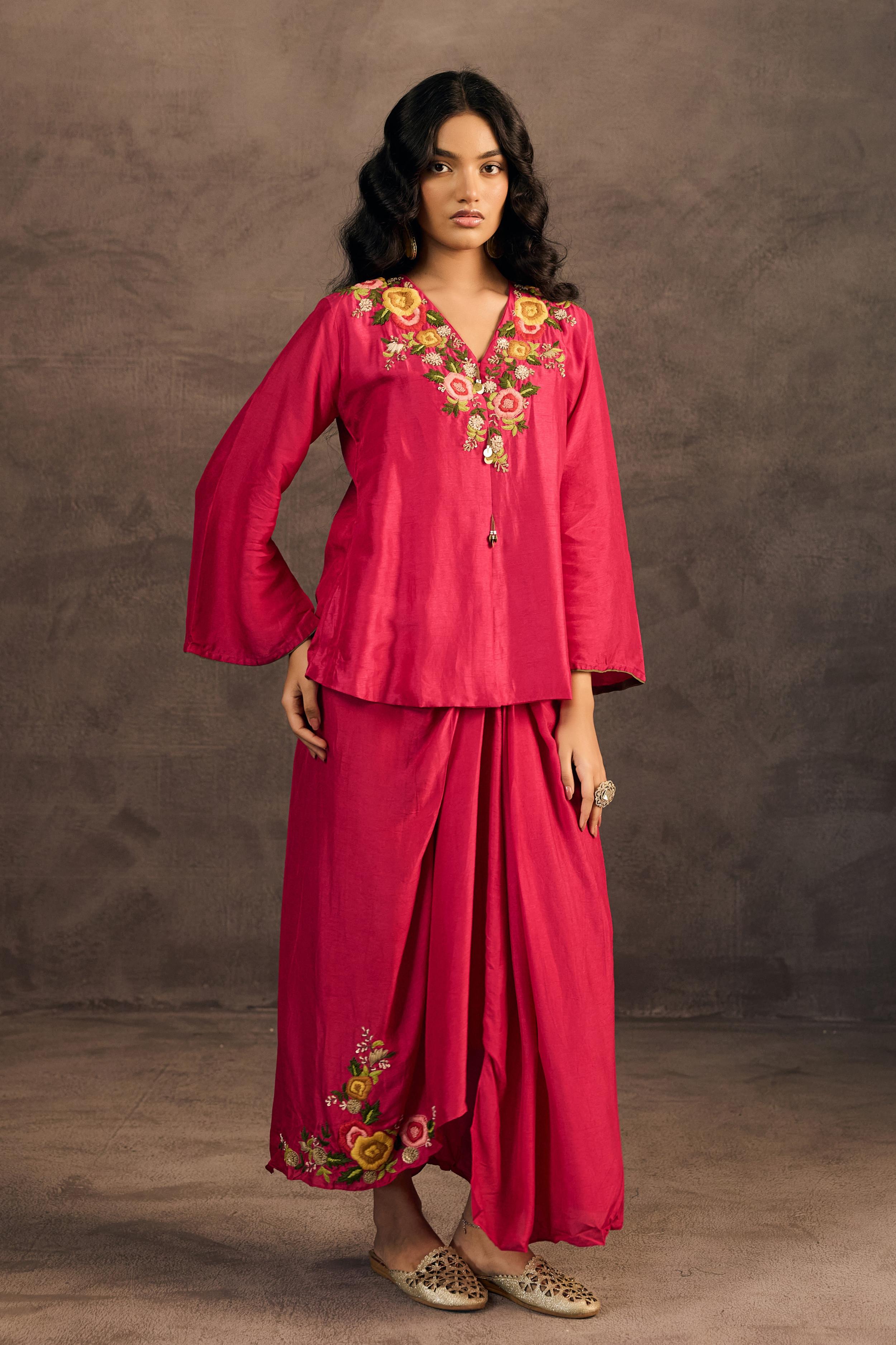 Rani Pink Embroidered Raw Silk Skirt Set