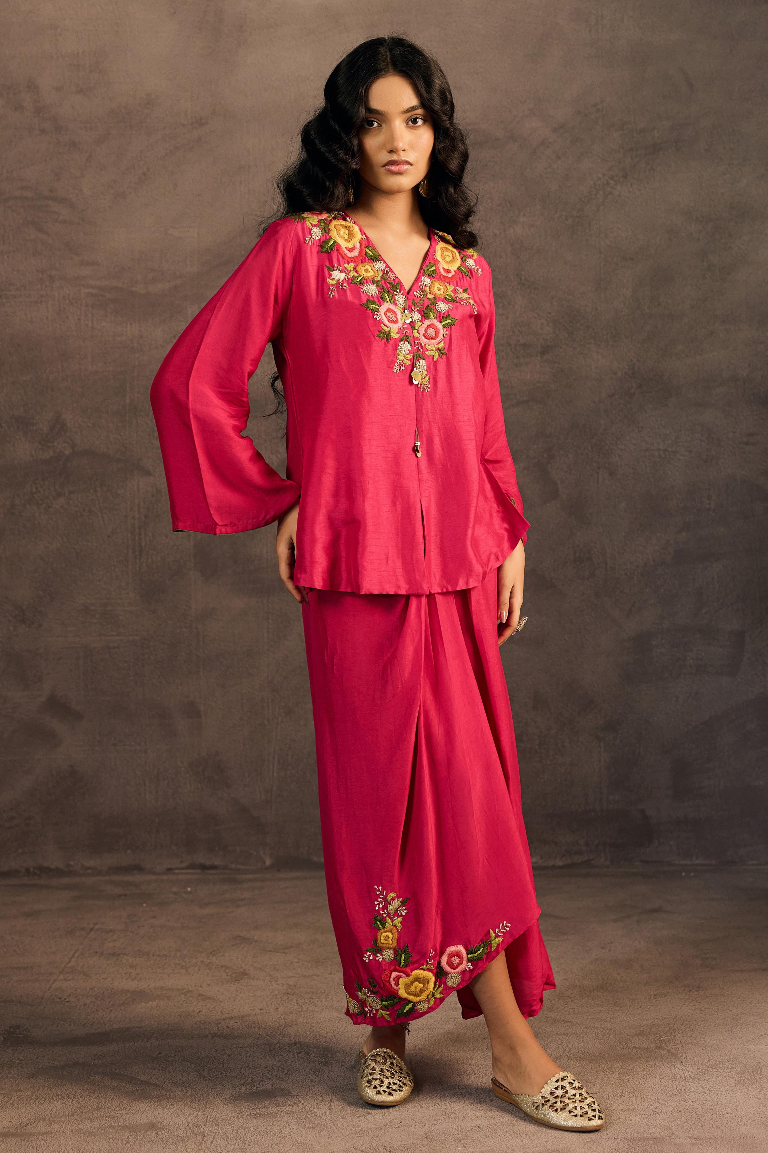 Rani Pink Embroidered Raw Silk Skirt Set