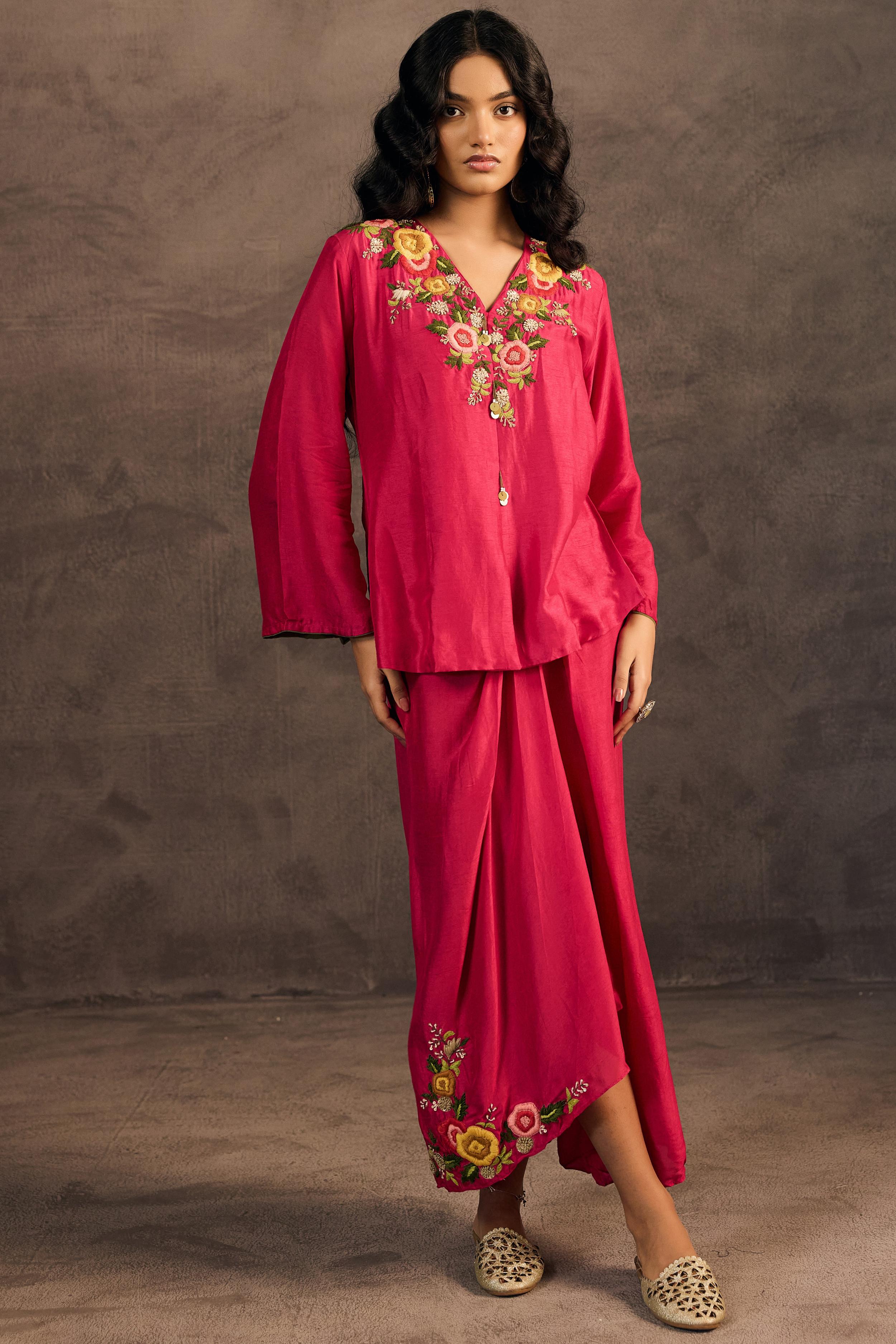 Rani Pink Embroidered Raw Silk Skirt Set