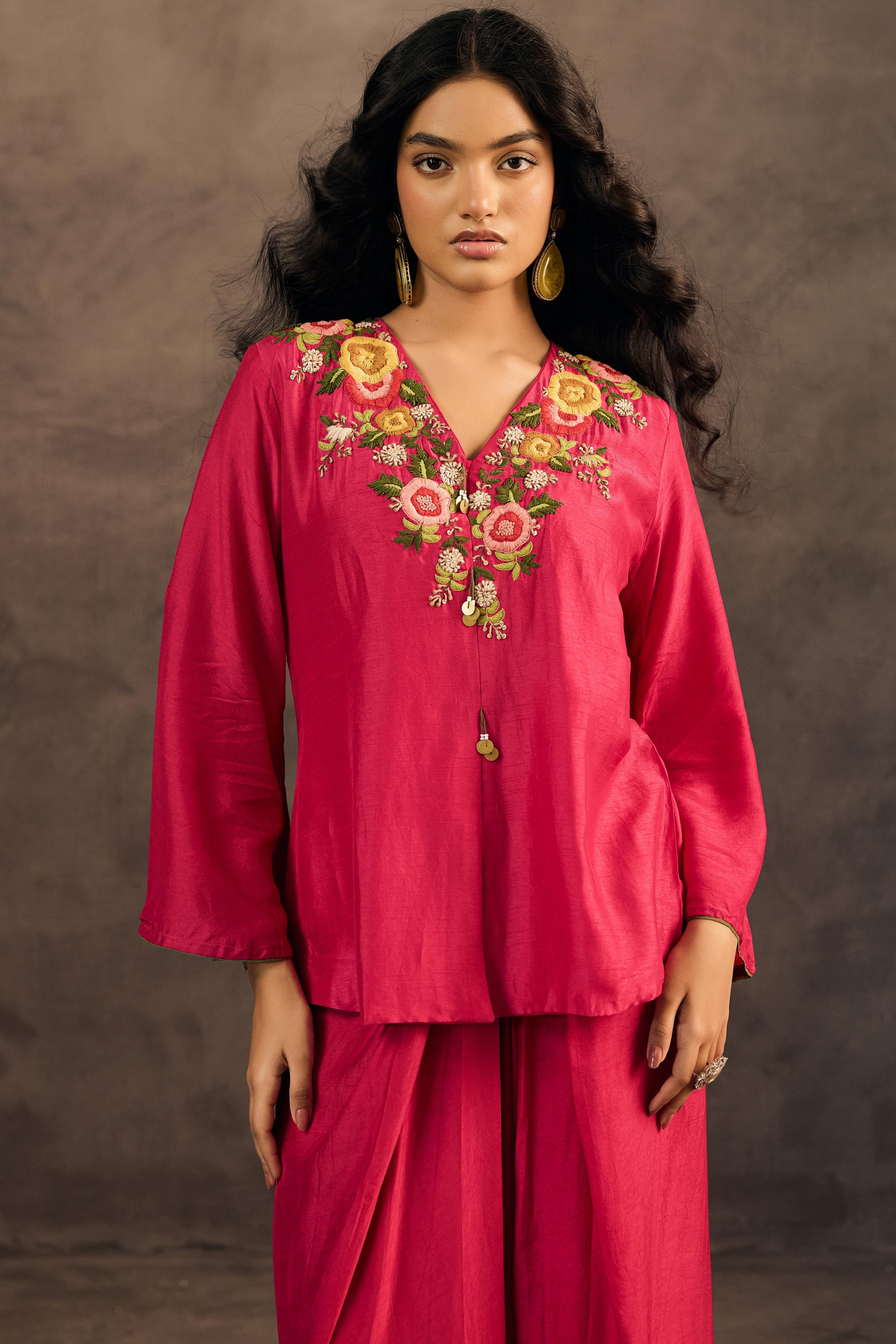 Rani Pink Embroidered Raw Silk Skirt Set