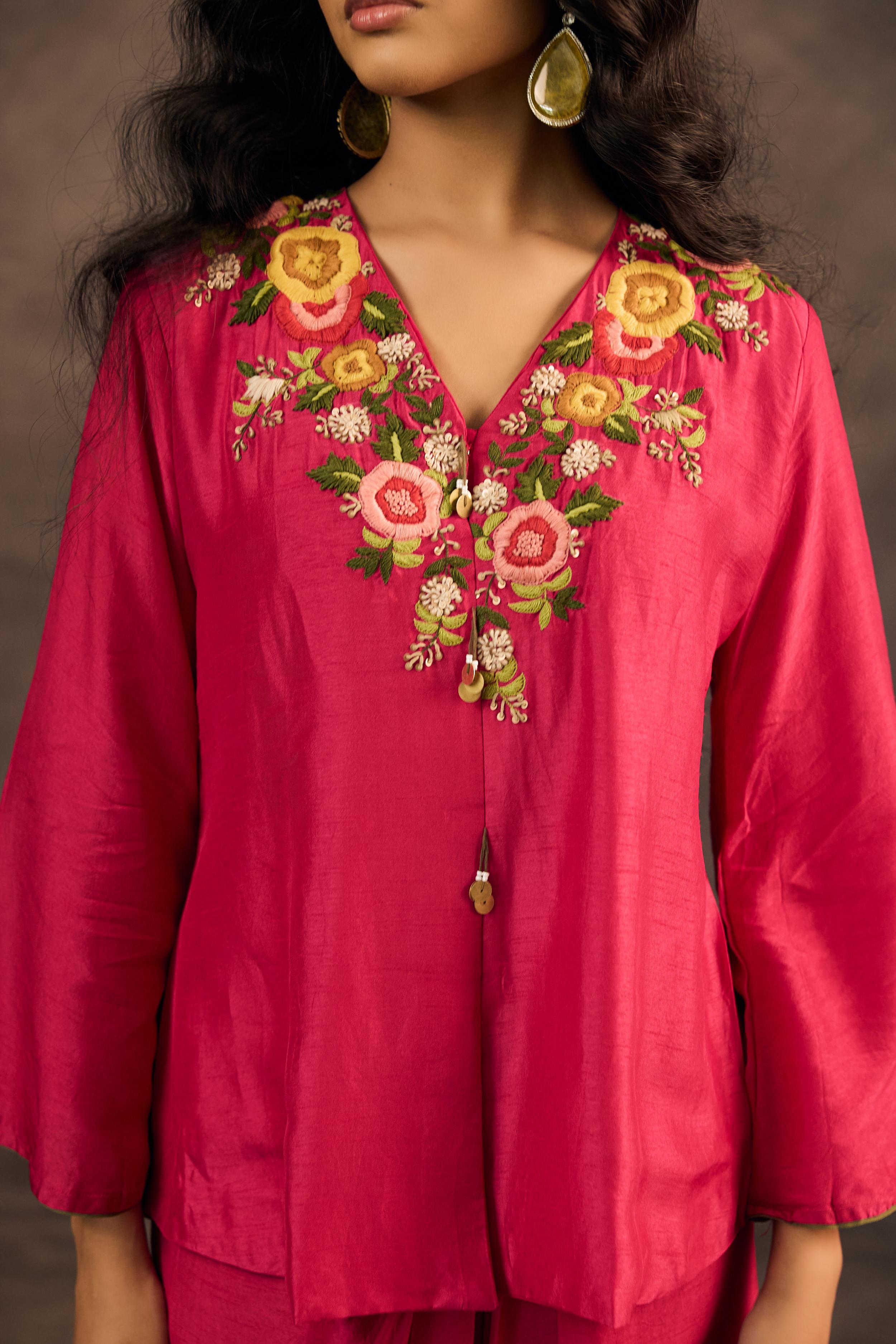 Rani Pink Embroidered Raw Silk Skirt Set