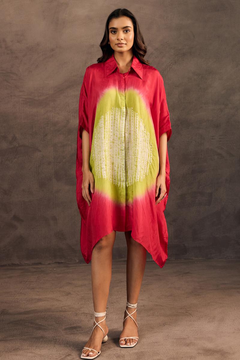 Red Embellished Crepe Silk Kaftan Dress