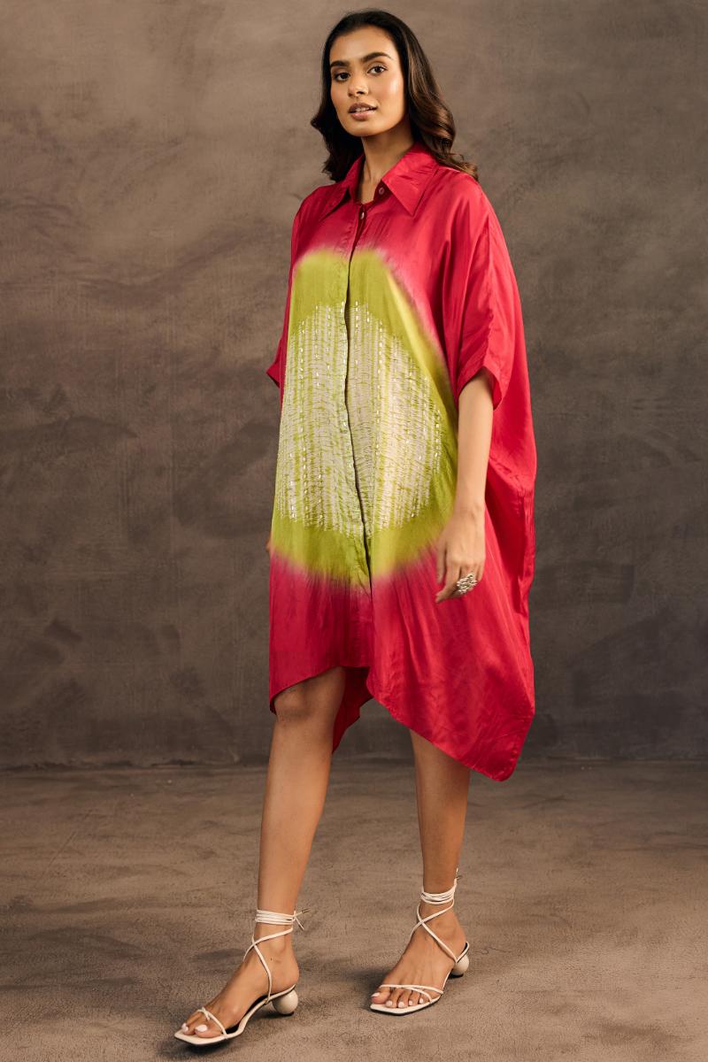 Red Embellished Crepe Silk Kaftan Dress