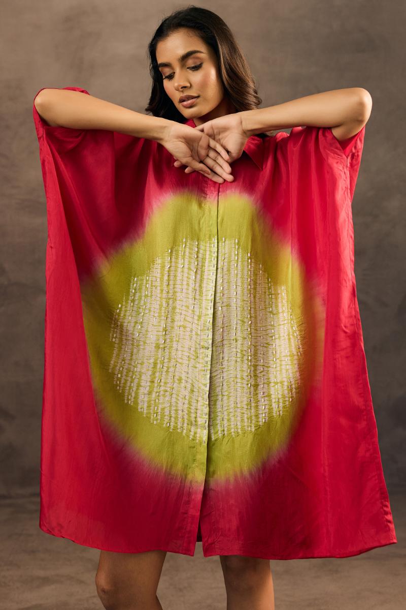 Red Embellished Crepe Silk Kaftan Dress