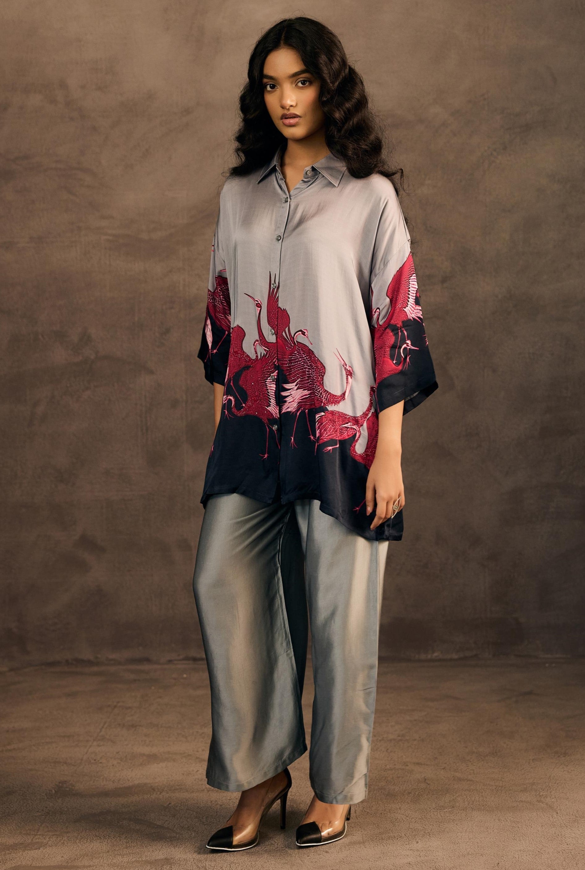 Cloud Mist Embellished Satin Silk Co-Ord Set