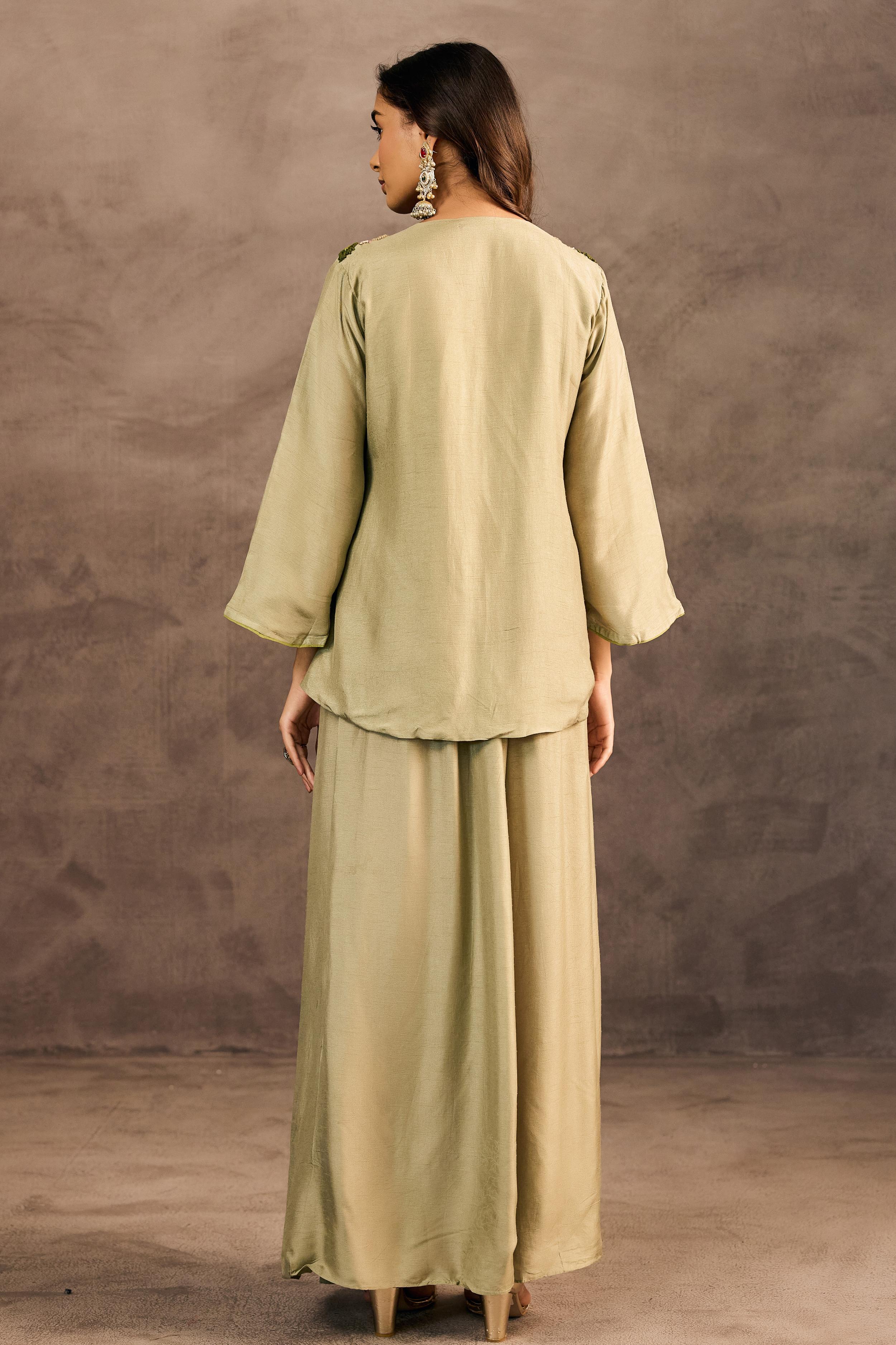 Sage Green Embroidered Raw Silk Skirt Set