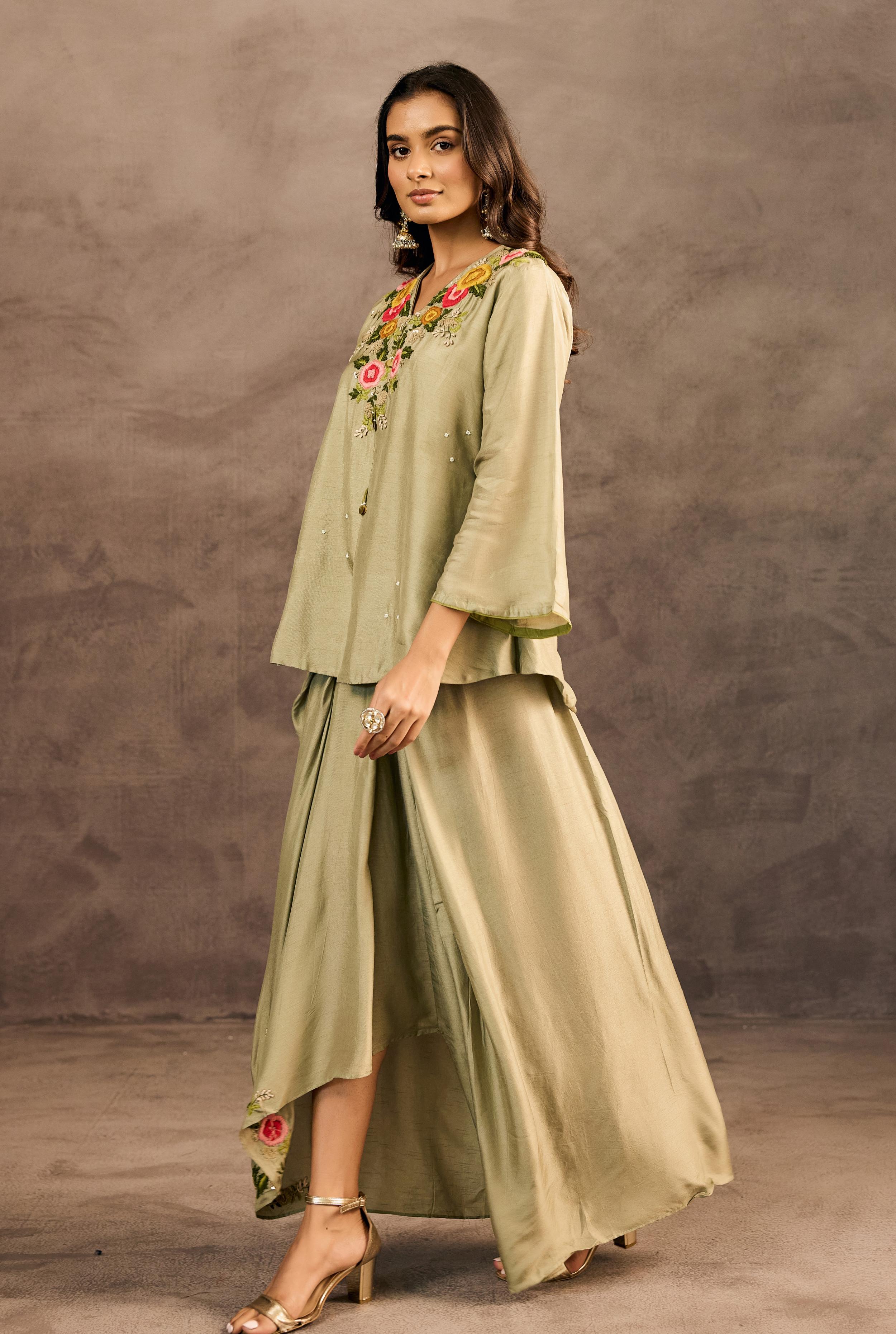 Sage Green Embroidered Raw Silk Skirt Set