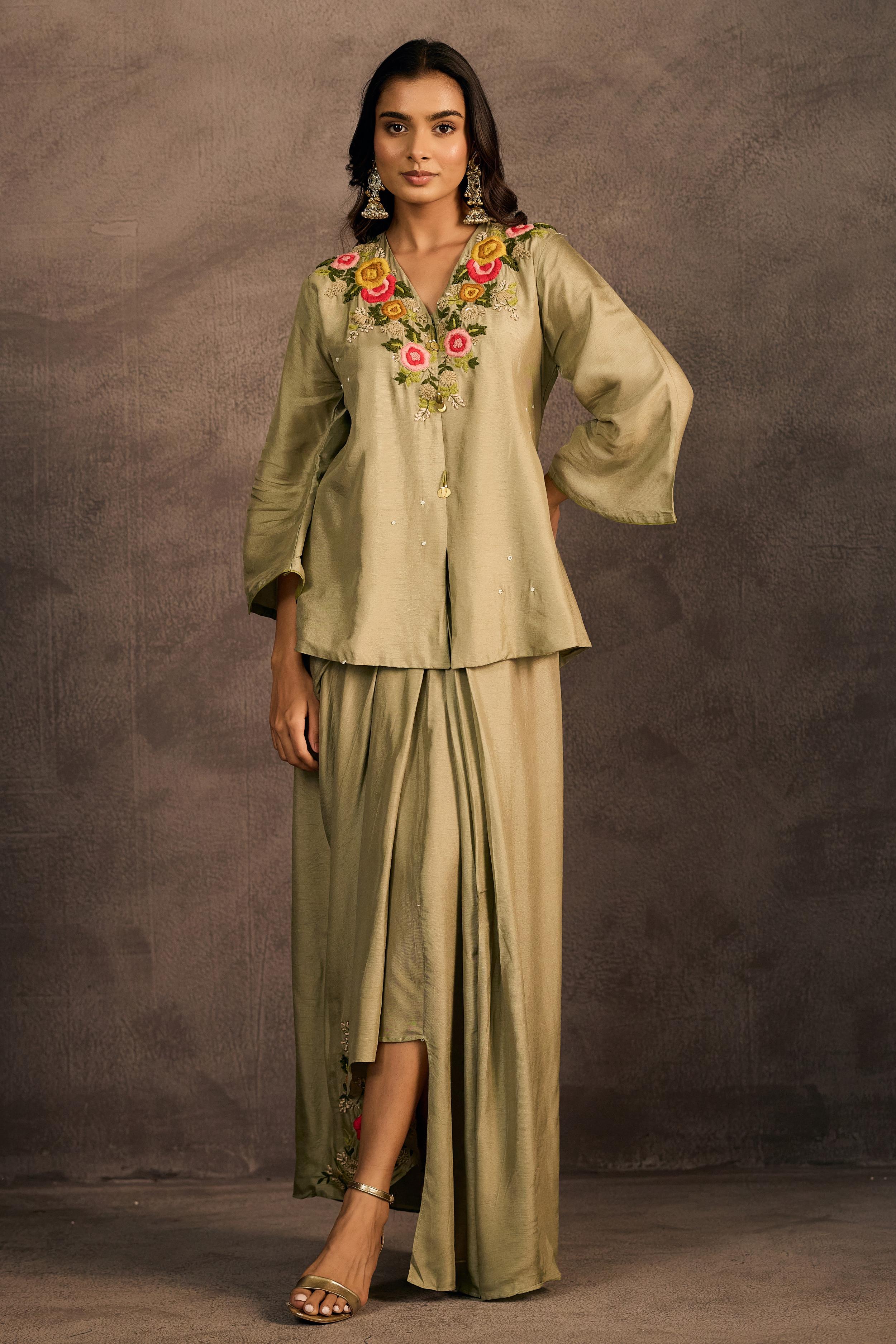 Sage Green Embroidered Raw Silk Skirt Set