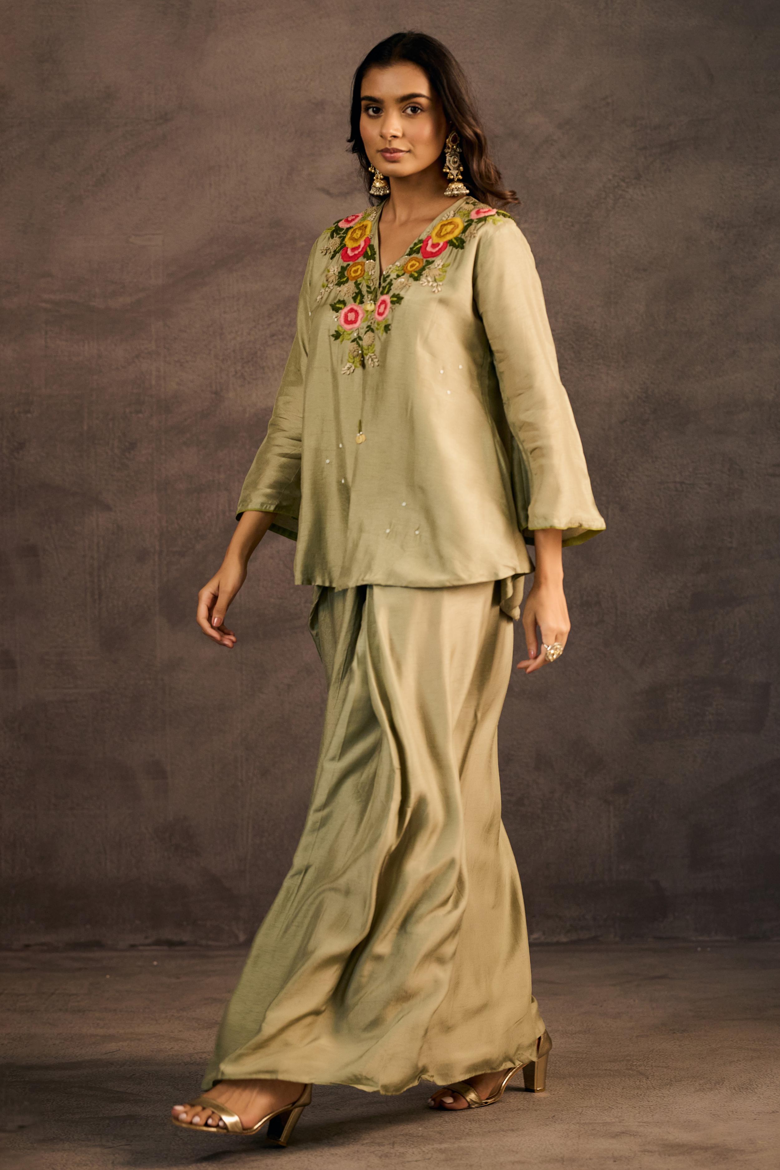 Sage Green Embroidered Raw Silk Skirt Set