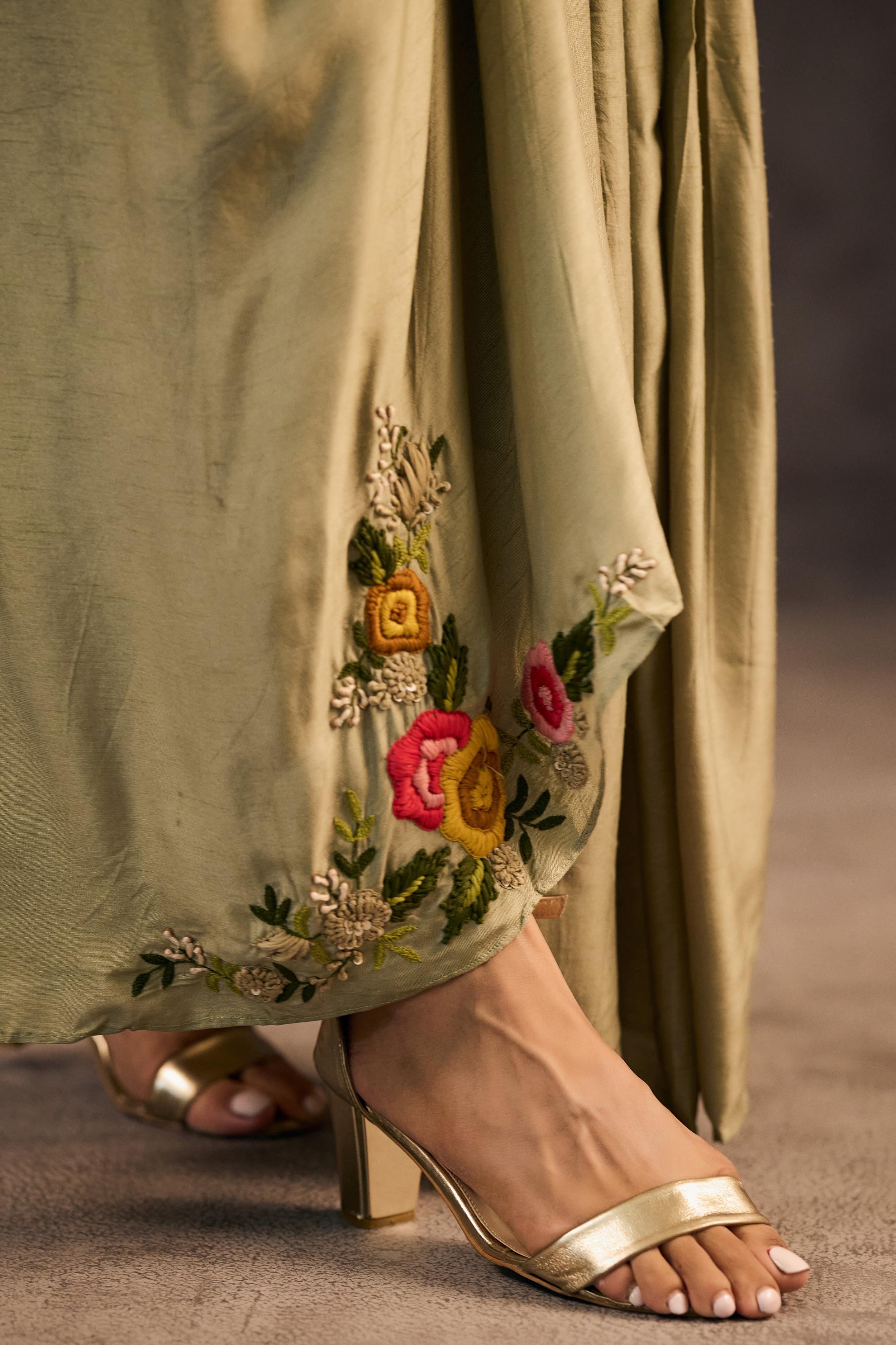 Sage Green Embroidered Raw Silk Skirt Set