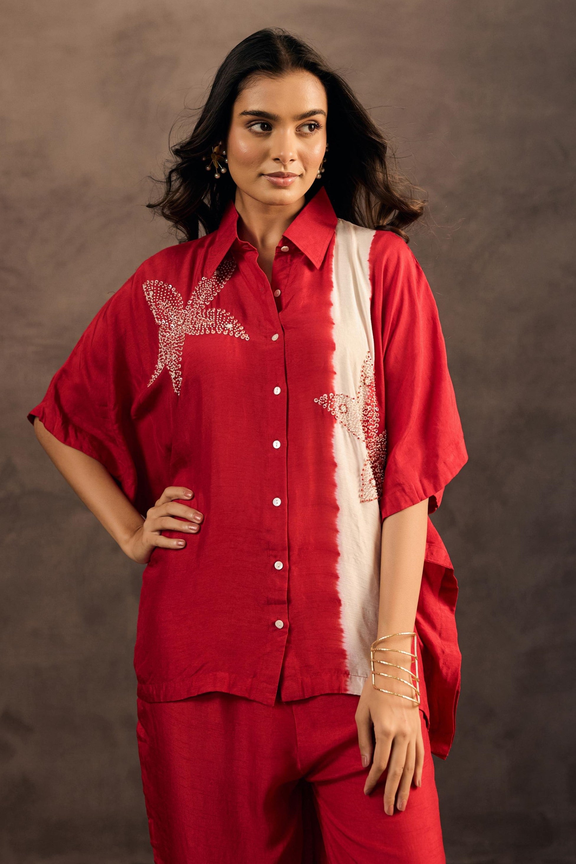 Ruby Red Embellished Raw Silk Co-Ord Set