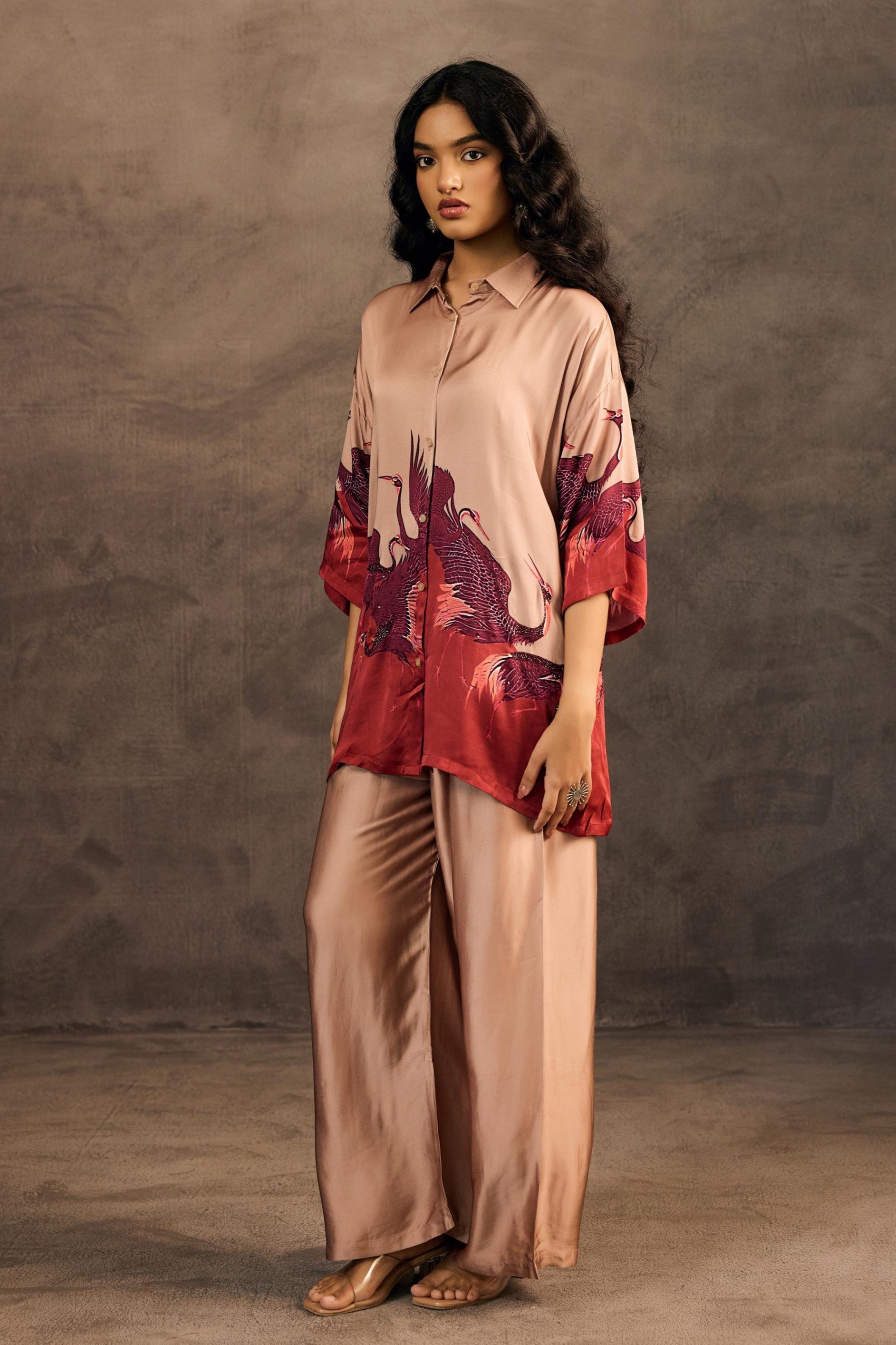 Blush Gold Embellished Satin Silk Co-Ord Set