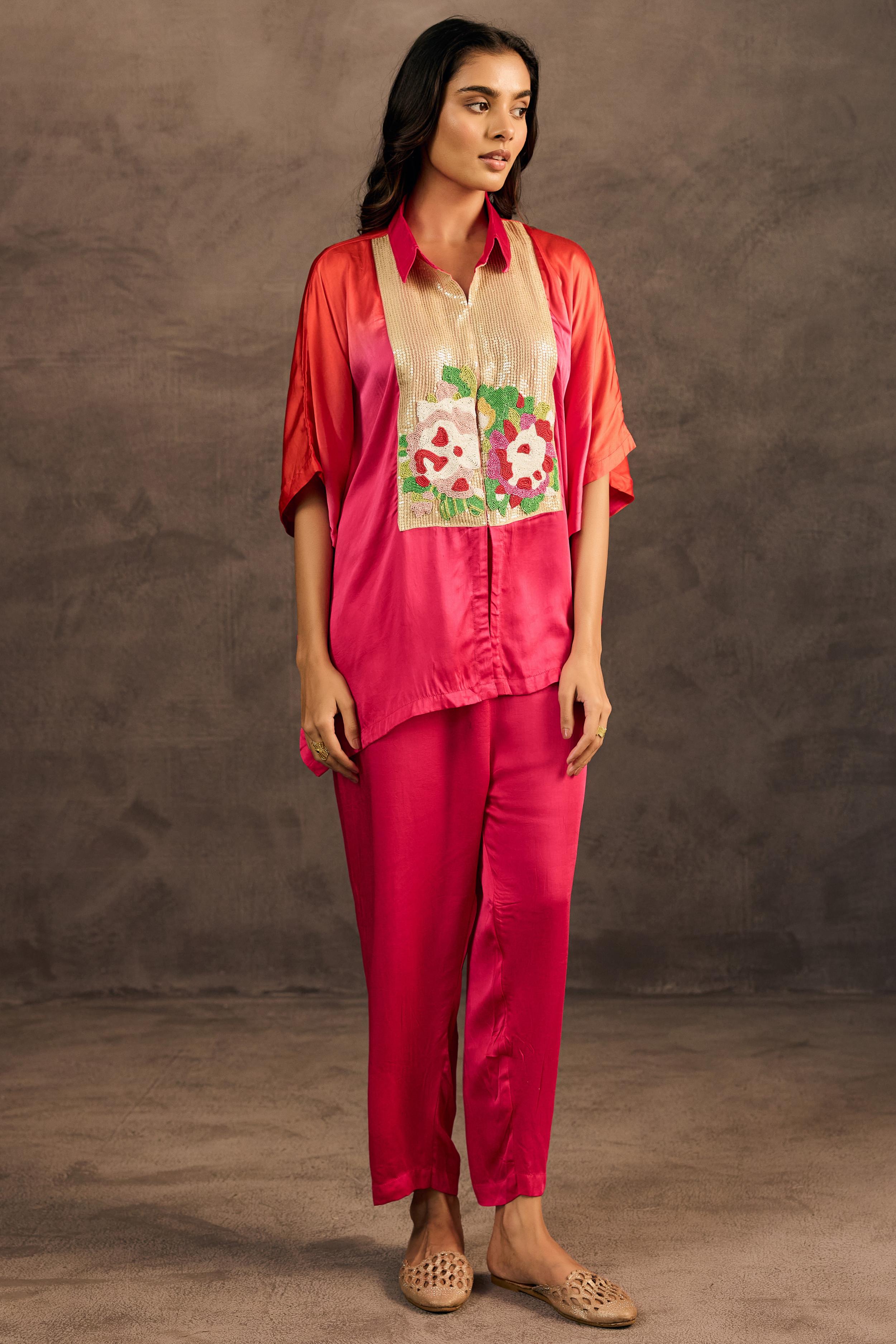 Rose Radiance Embellished Satin Silk Kaftan Set