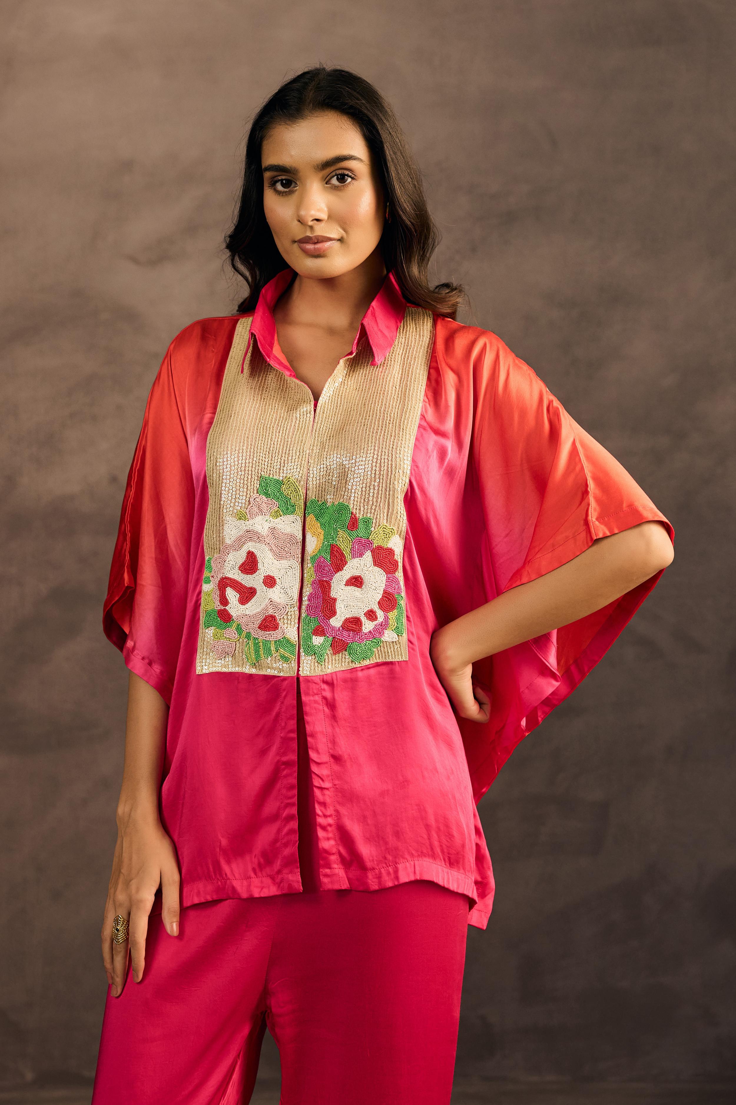 Rose Radiance Embellished Satin Silk Kaftan Set