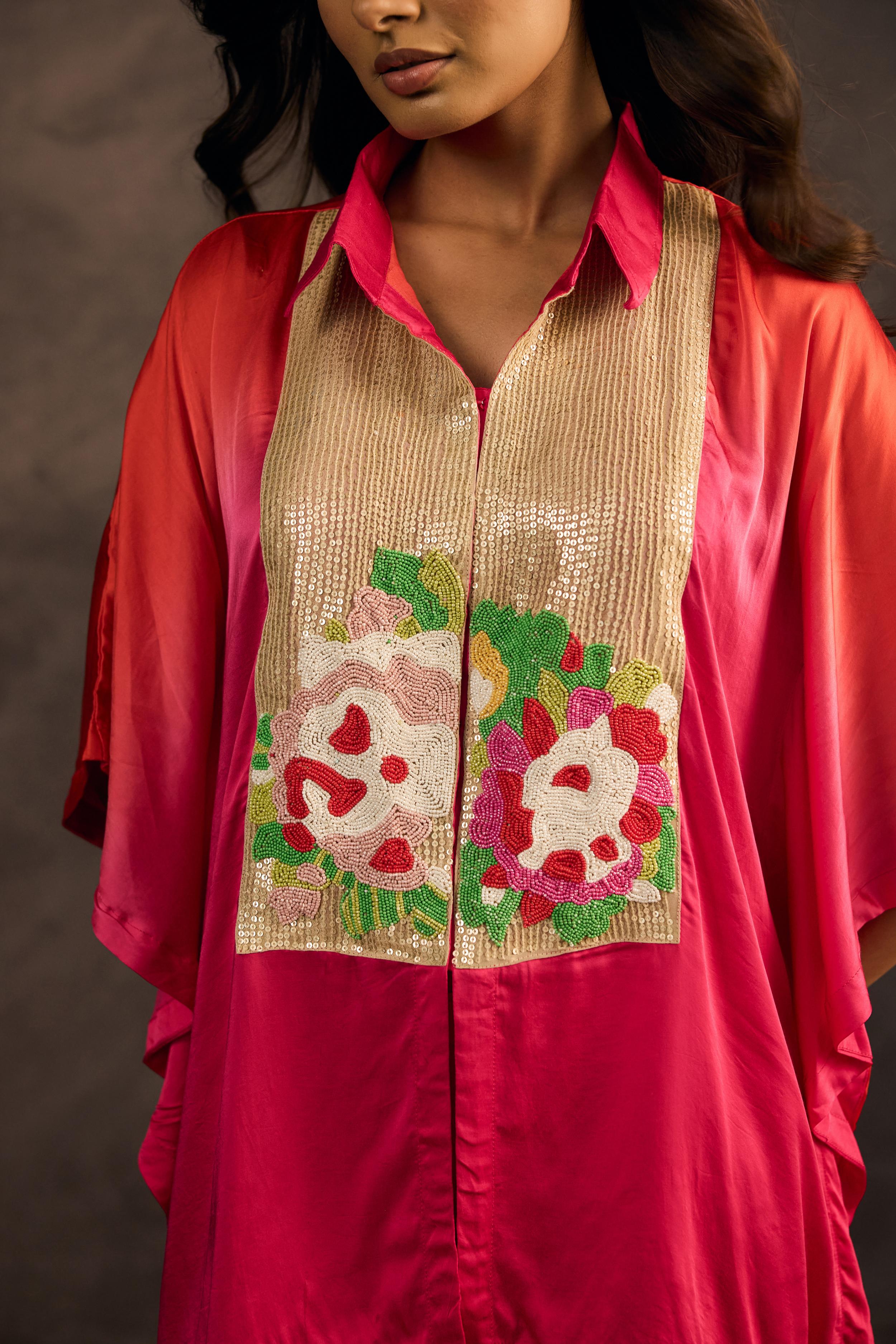 Rose Radiance Embellished Satin Silk Kaftan Set